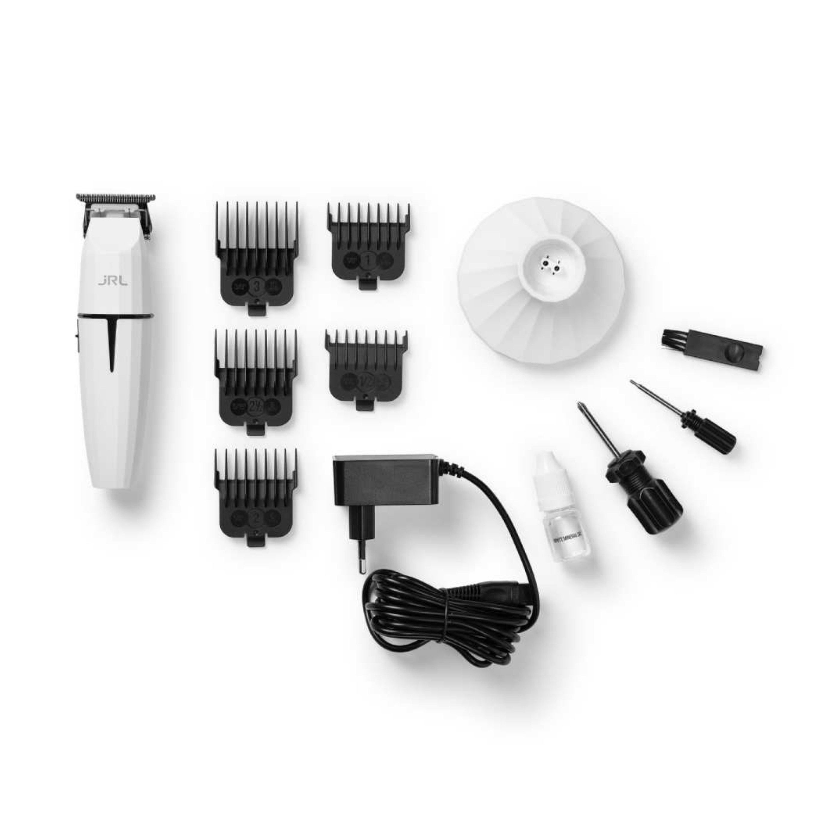 JRL Haarschneider JRL Fresh Fade 2020T-B-W Onyx Trimmer Ghost, 6-tlg. Profi-Set: Ladestation, 5 Aufsätze, Klingentool, Bürste, Öl, Präz. Kontur,EZ-GAP T-Klinge,Cool-Blade,3,5h Akku,1,5h Schnellladung