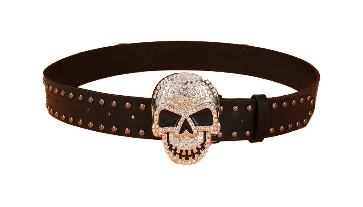 Nietengürtel Gürtel Skull Totenkopf mit Strass und Nieten Schwarz