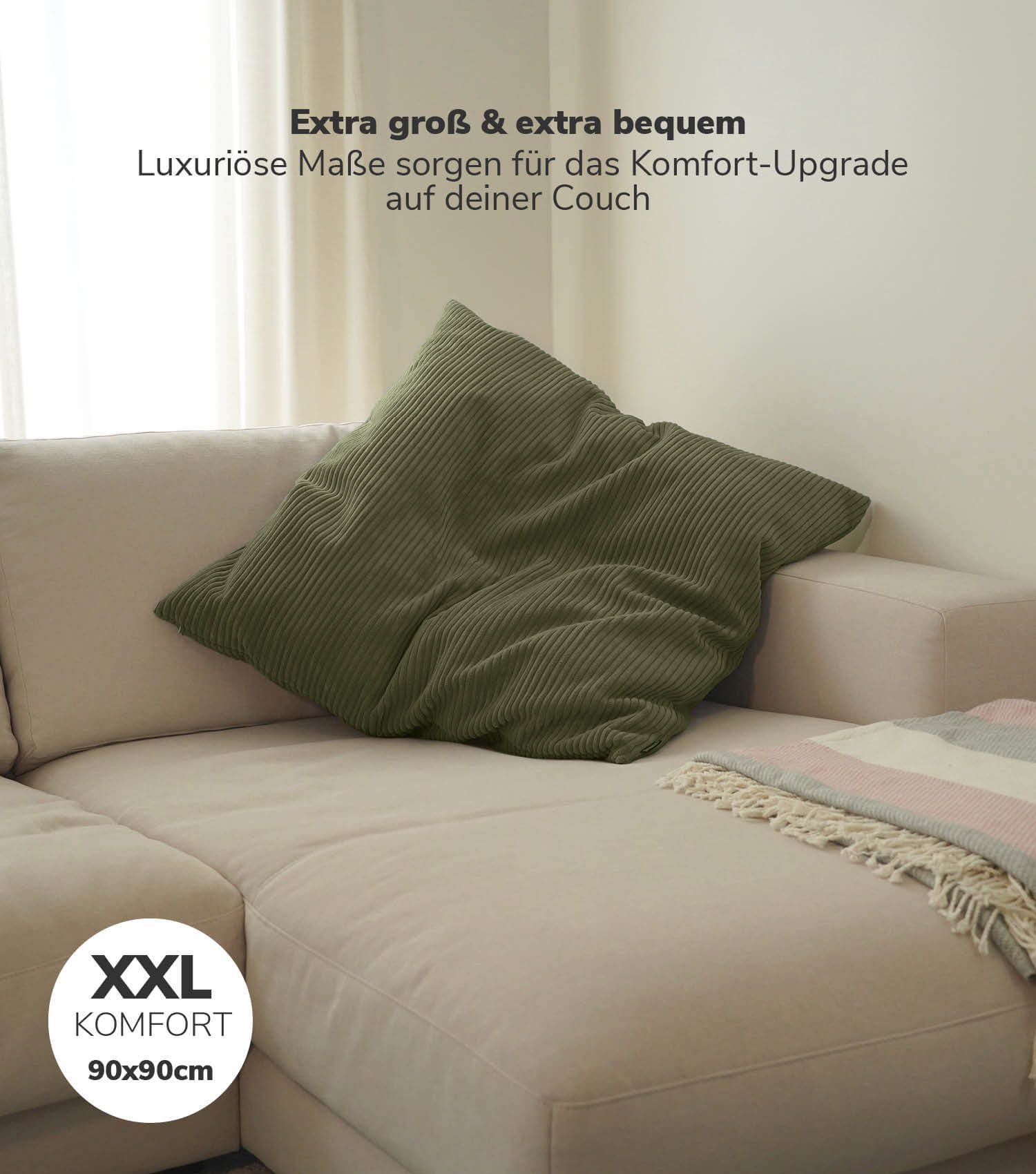 mokebo Sofakissen Das Anschmiegsame, (aus Cordstoff), auch als XXL Couchkissen, Riesenkissen oder Dekokissen in Oliv