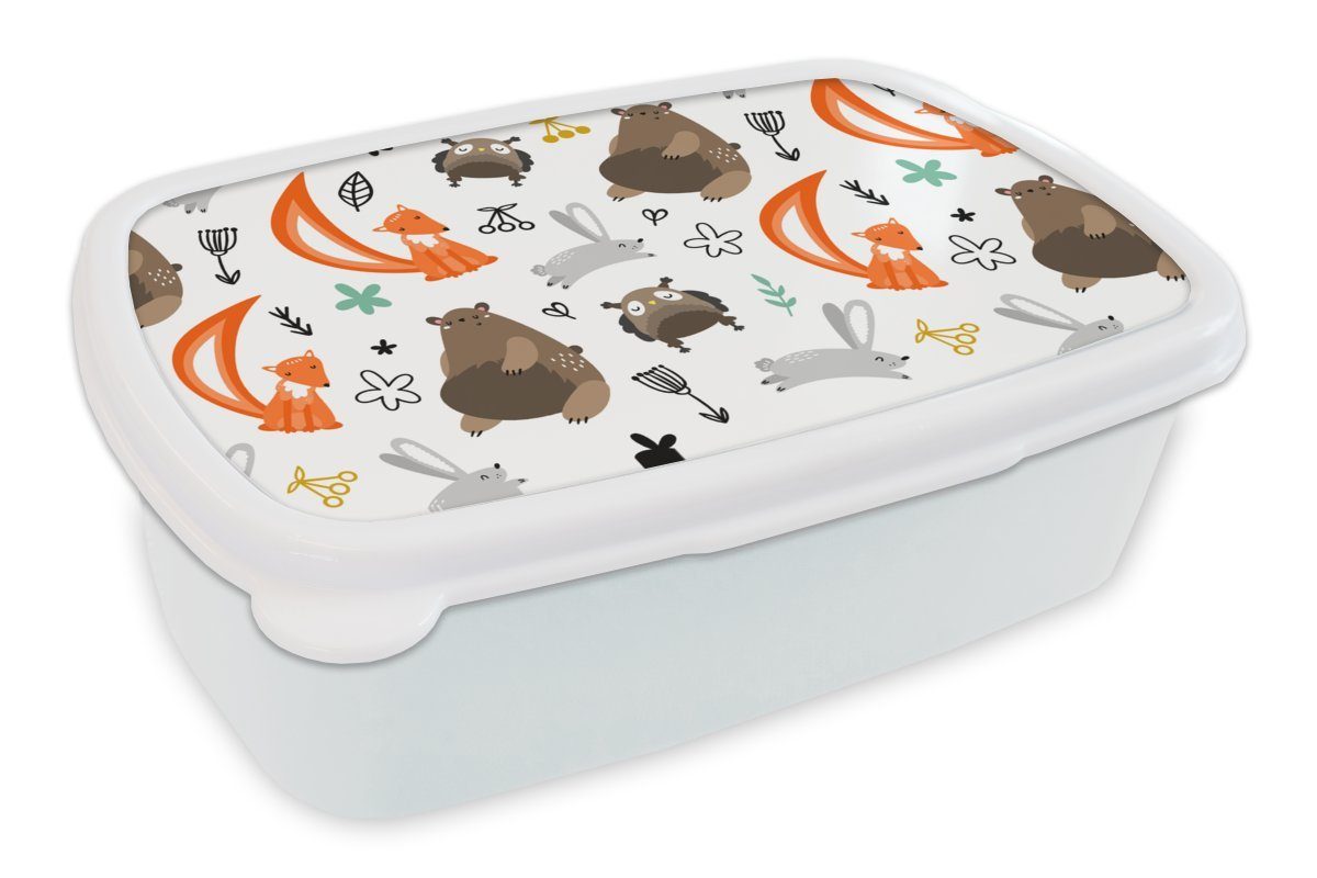 MuchoWow Lunchbox Tiere - Wald - Muster, Kunststoff, (2-tlg), Brotbox für Kinder und Erwachsene, Brotdose, für Jungs und Mädchen weiß