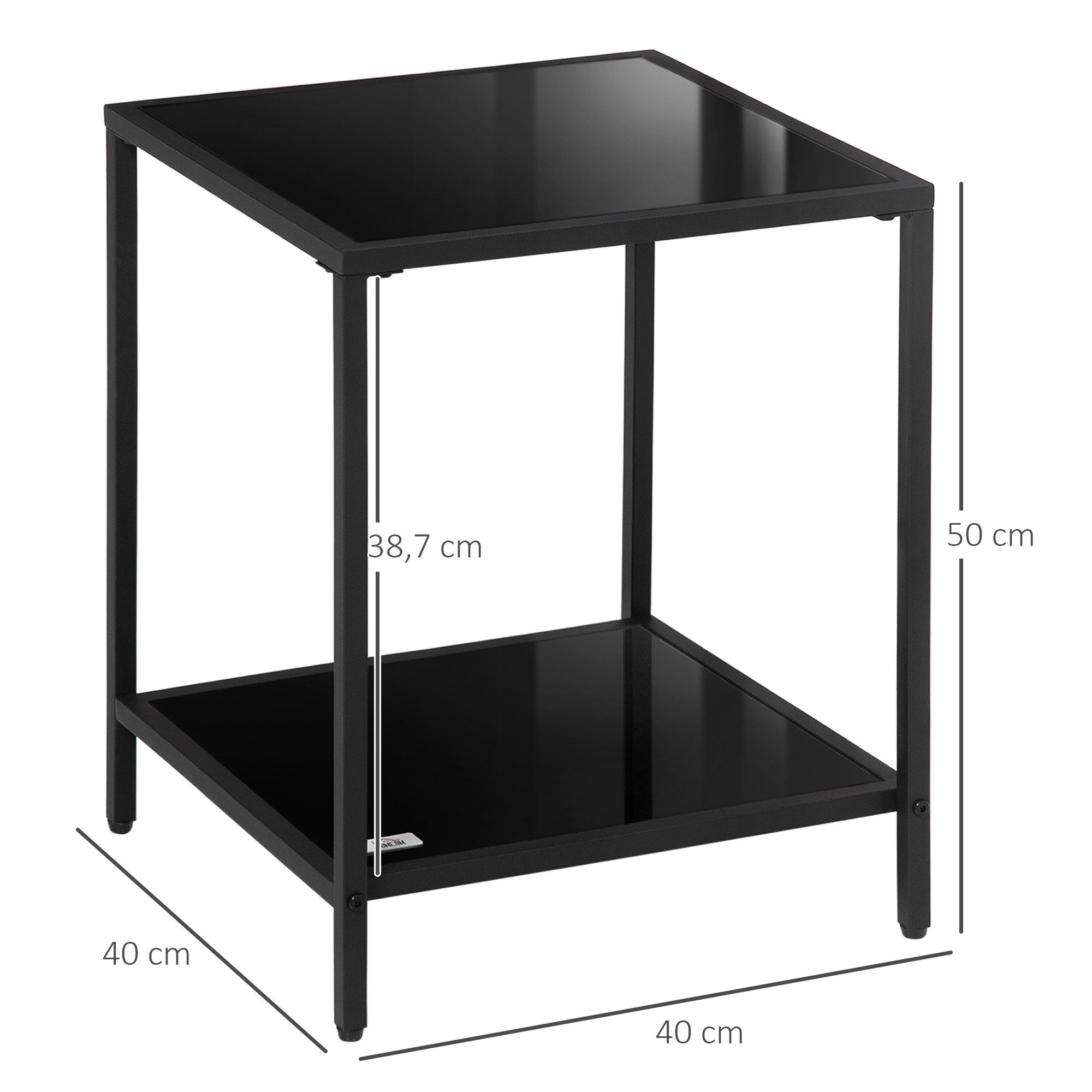 HOMCOM Beistelltisch mit 2 Ebenen, aus Hartglas (Couchtisch, 1-St., Kaffeetisch), für Wohnzimmer, Schlafzimmer, 40 x 40 x 50 cm, Stahl, Schwarz