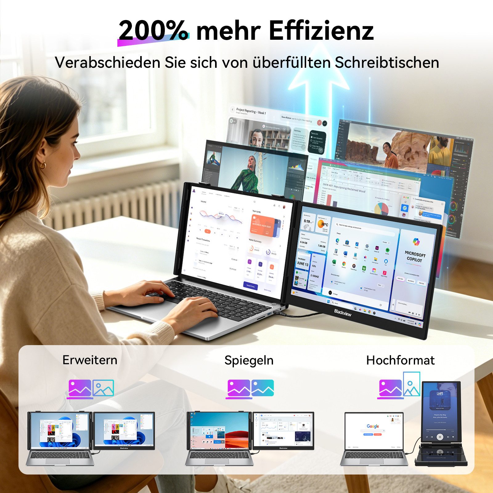 blackview 14" FHD Laptop Bildschirm Erweiterung SCM5, LCD, IPS, augenschonend Portabler Monitor (1920x1080 px, Full HD, IPS, 995g, 180°, 13,3-17,3 Zoll & Windows/Mac/Android/Chrome-Kompatibilität)