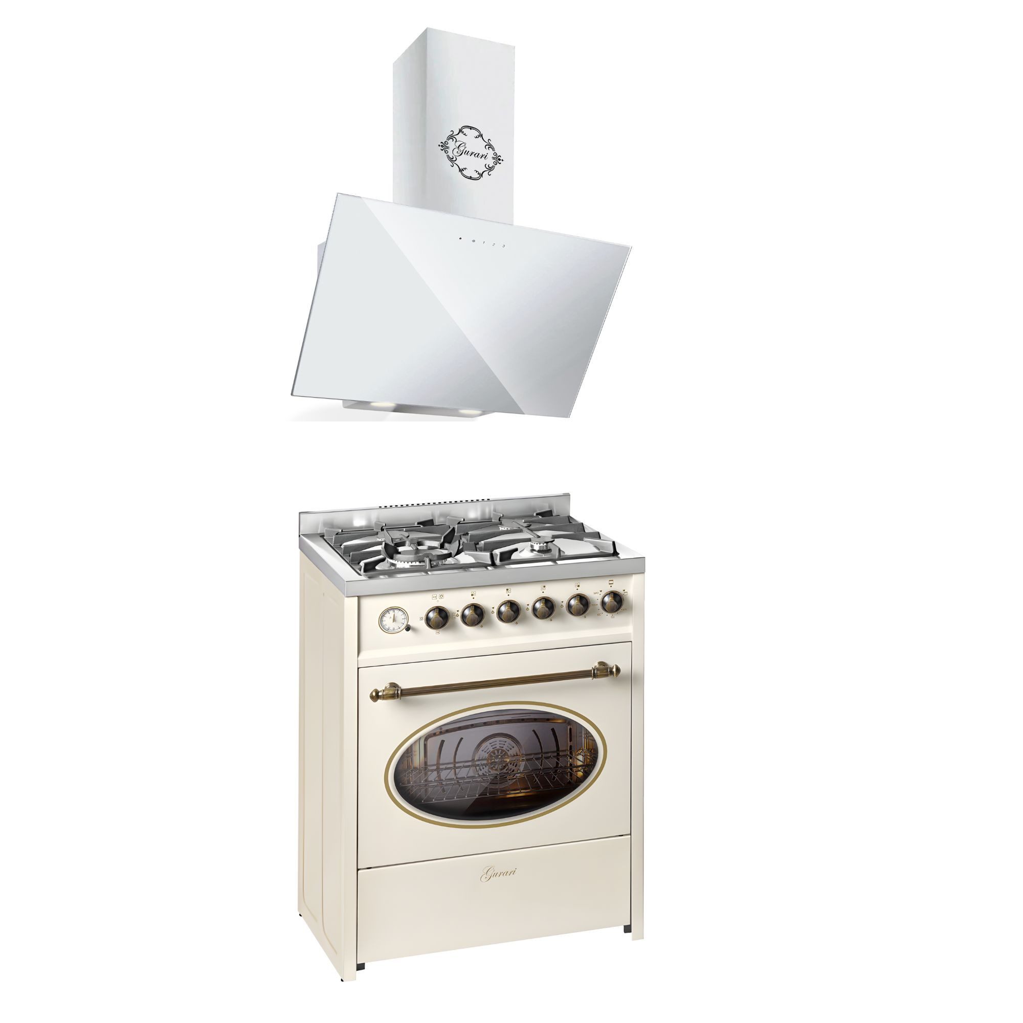 GURARI Gas-Standherd Retro Gas Elektro Standherd 60 cm Erdgas Fl.Gas 4 Kw WOK, 8 Funktionen+Dunstabzugshaube 60cm E 614 Cr r+GCH D 286 WH 6 PRIME N, mit 1-fach-Teleskopauszug