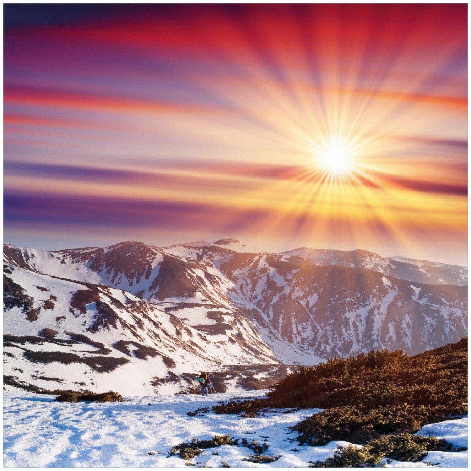 Wallario Memoboard Farbenfroher Sonnenuntergang im Winter - Schnee in den Bergen