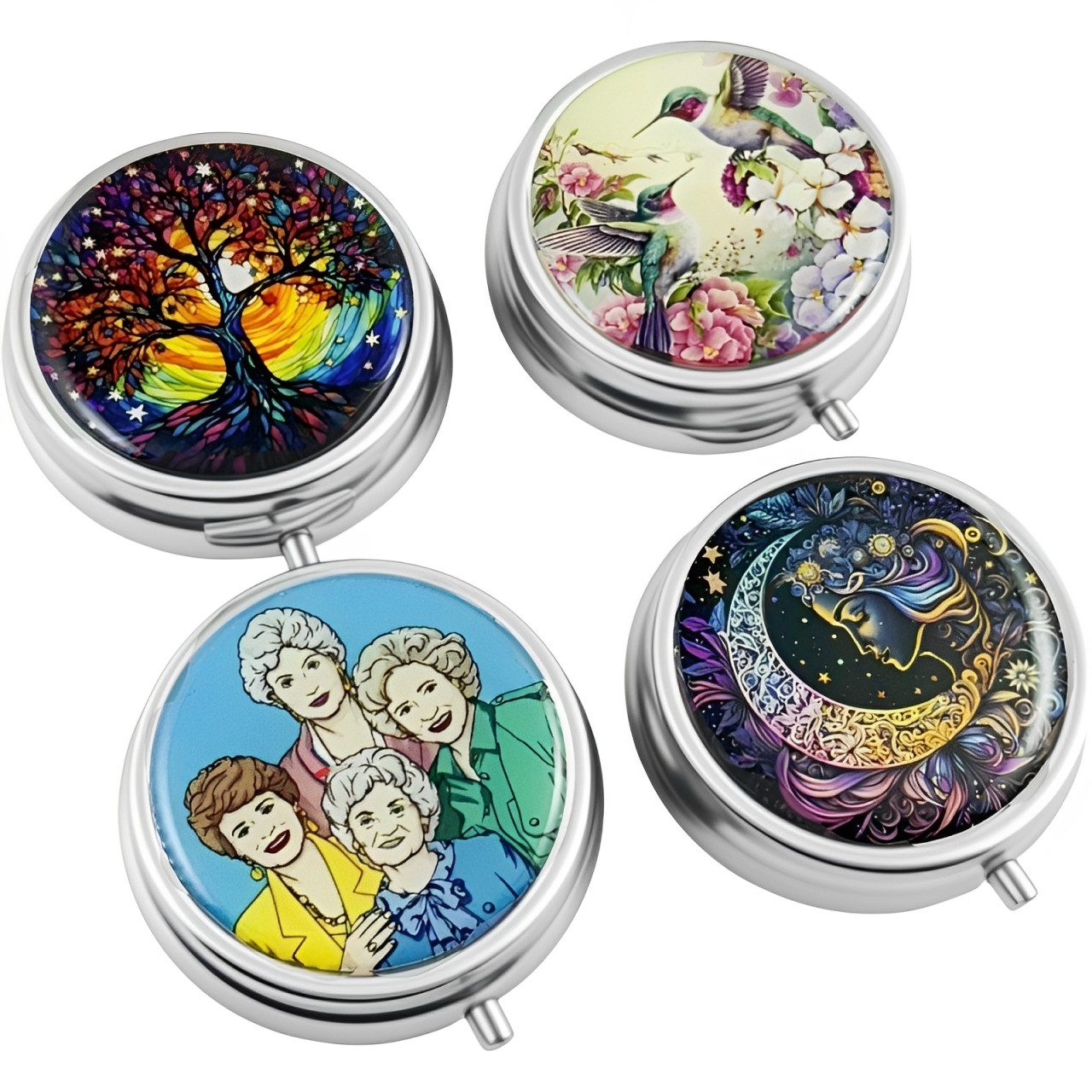 The Beauty House Pillendose Buntes Design mit Baum, Kolibris, Mondfrau & Kultfiguren, Kompakte Tablettenbox aus Metall