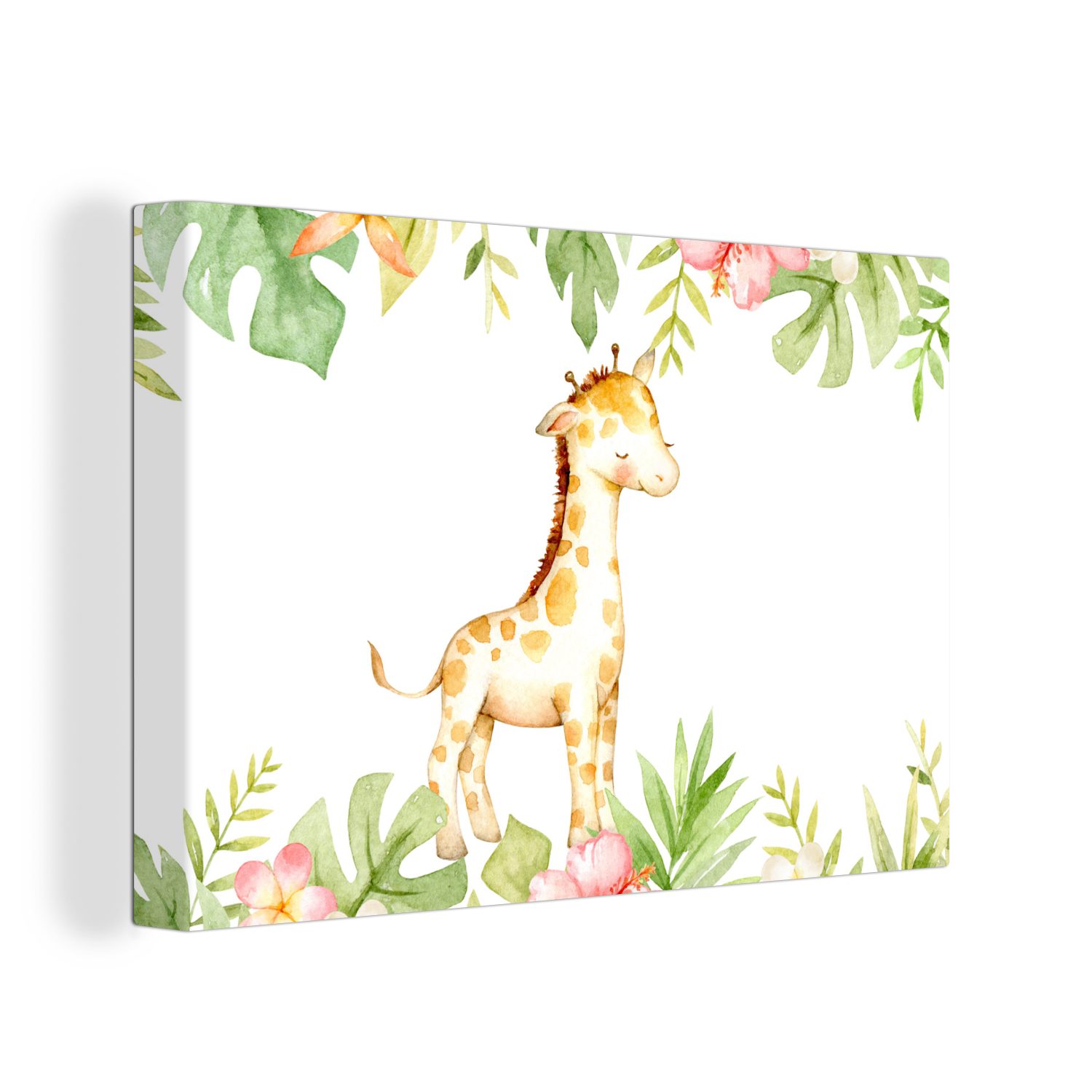 OneMillionCanvasses® Leinwandbild Giraffe - Dschungel - Blumen - Aquarell, (1 St), Wandbild Leinwandbilder, Aufhängefertig, Wanddeko, 30x20 cm