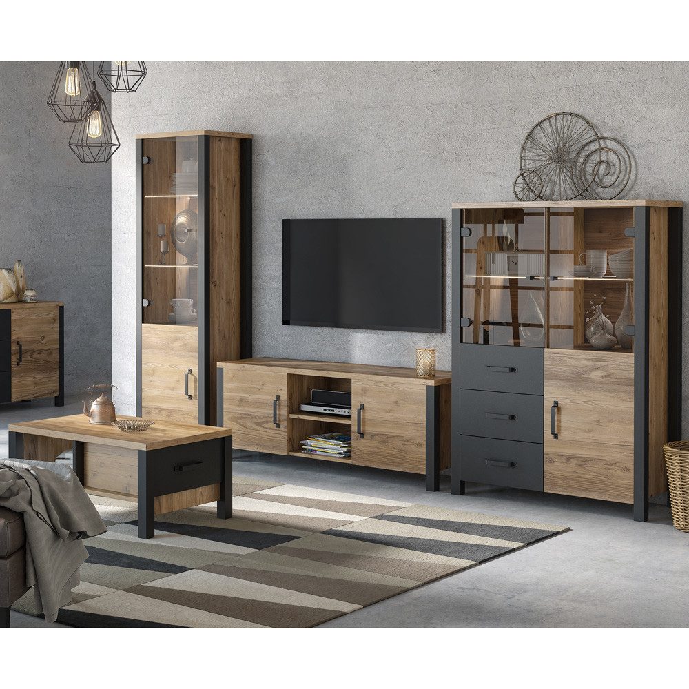 Lomadox Wohnzimmer-Set ORADEA-83, (Mega-Spar-Set, 4-St., 4-tlg), Appenzeller Fichte Nb. mit schwarz supermatt 334/191/43 cm