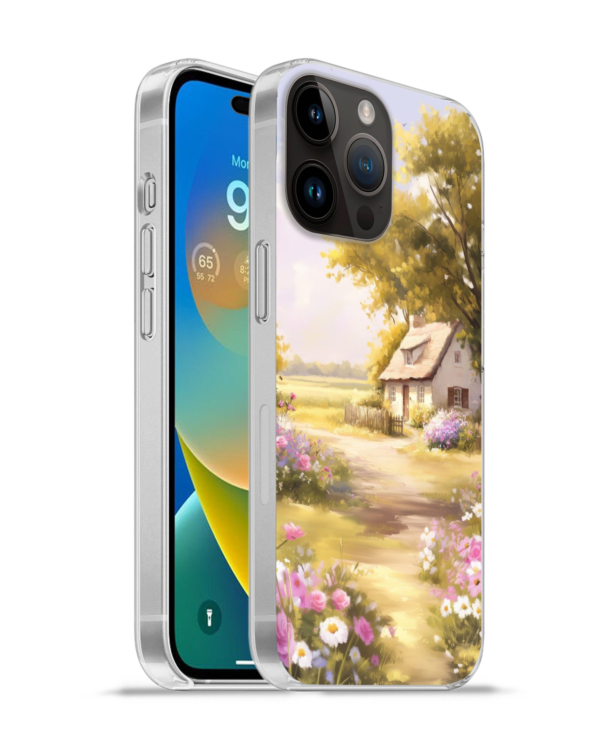 MuchoWow Handyhülle für Apple iPhone 14 Pro Landhaus - Holz - Blumen, Smartphone-Bumper, Print, Handy Schutzhülle Dünn