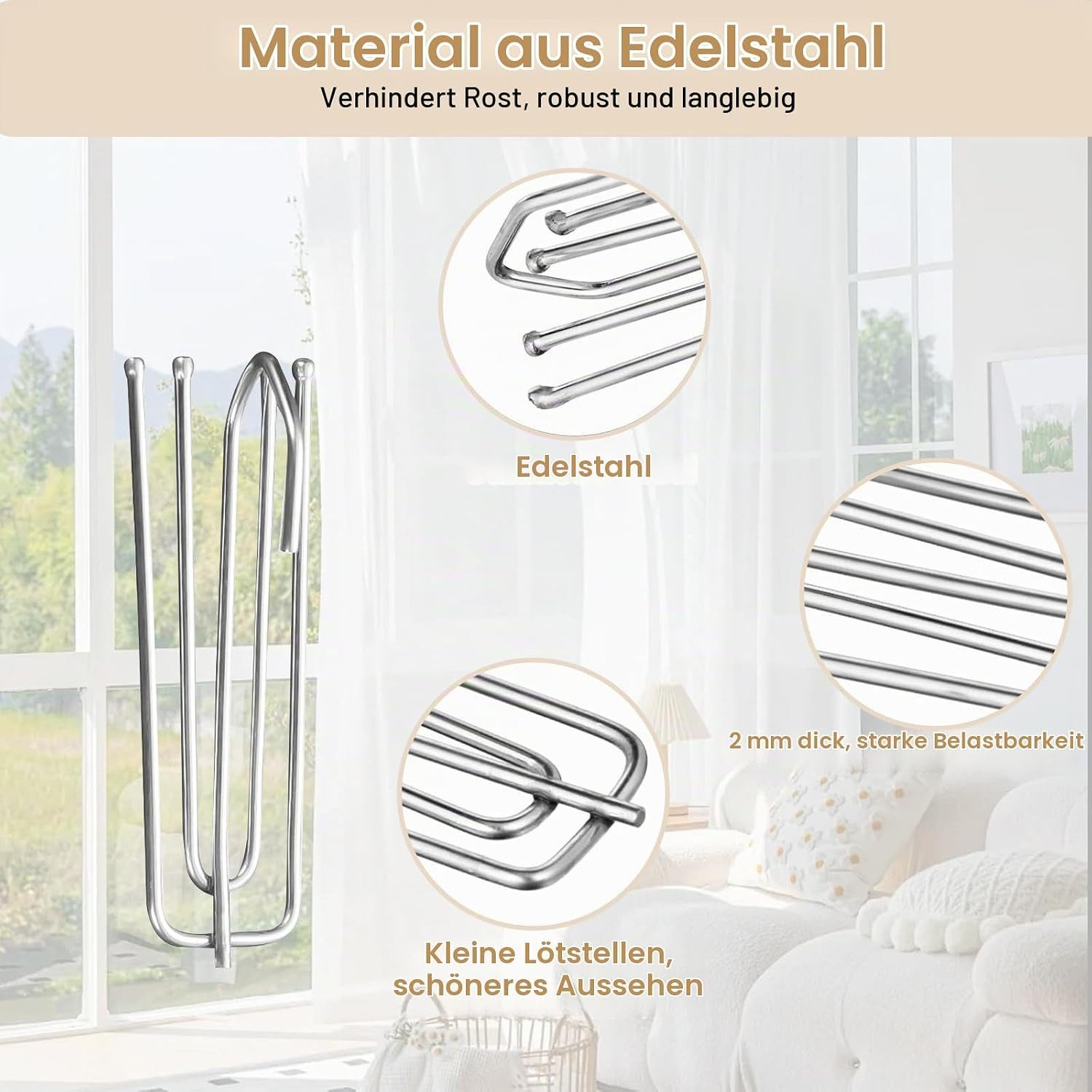 FELIXLEO Gardinenring 90 Stück Edelstahl Gardinenhaken Metall Vorhanghaken 4 Zinken, (1-St) – Bild 3 von 5