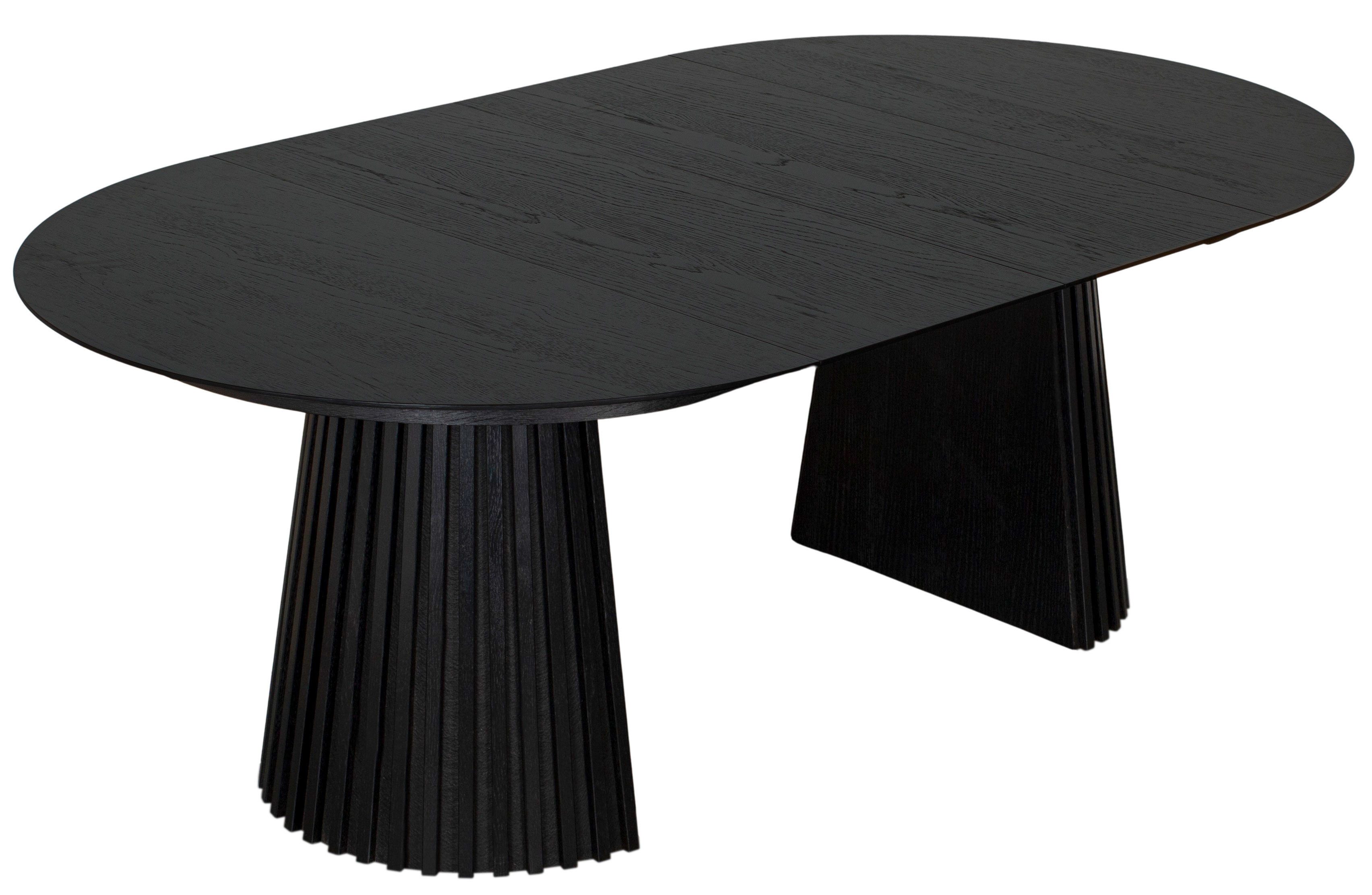 MR.DEKO Esstisch rund 120 cm Andria Black Oak, Esszimmertisch massive Eiche, schwarz (für 4-6 Personen), runder Tisch mit Lamellenoptik, optional ausziehbar