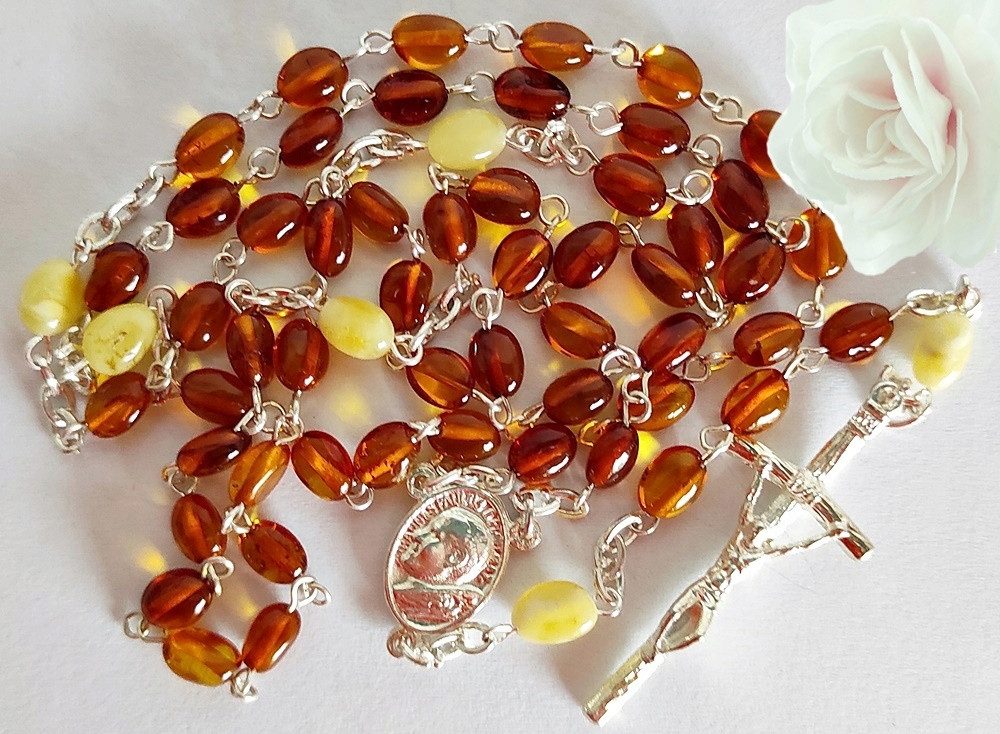 Festivalartikel Collier Handgefertigter Bernstein Rosenkranz mit Papstmedai günstig online kaufen