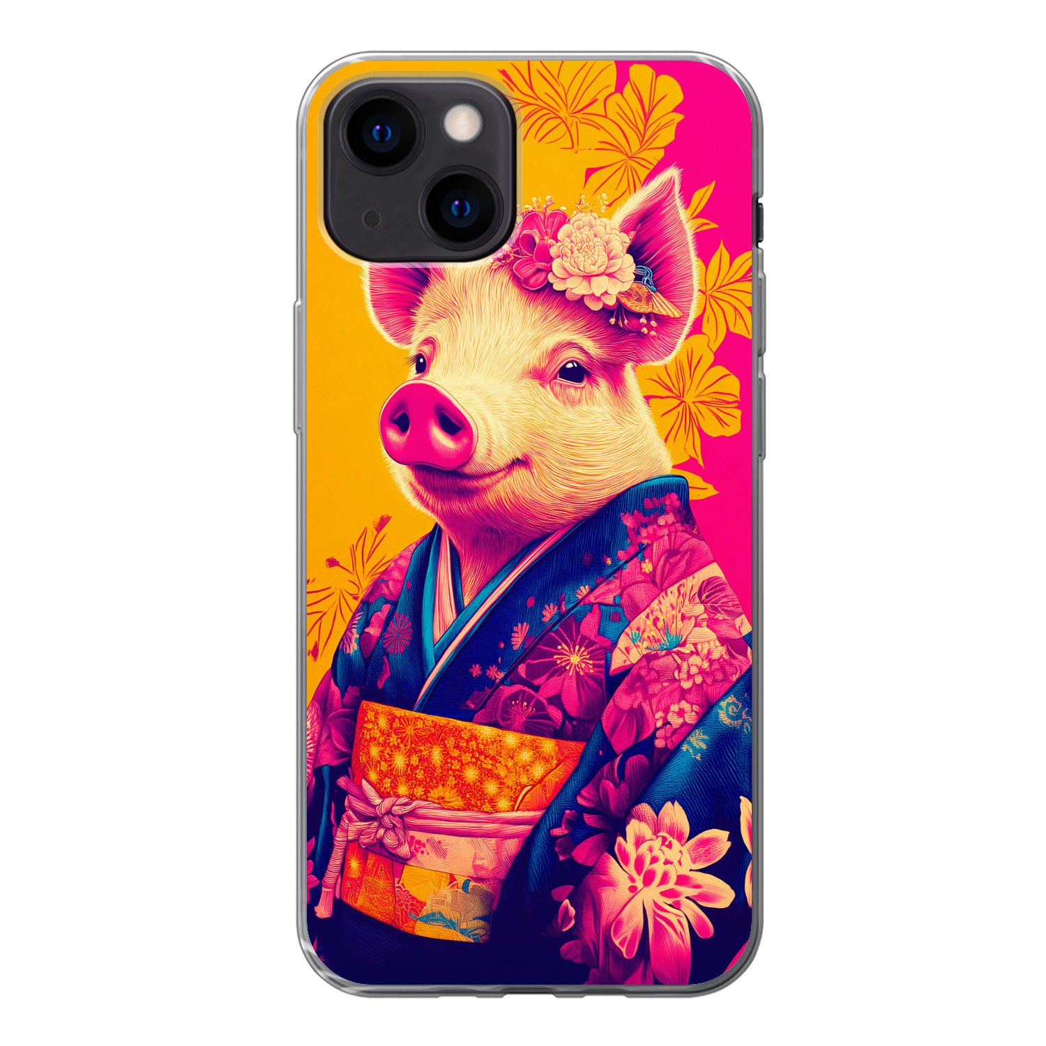 MuchoWow Handyhülle für Apple iPhone 13 mini Schwein - Blumenkrone - Kimono - Abstrakt, Smartphone-Bumper, Print, Handy Schutzhülle Dünn