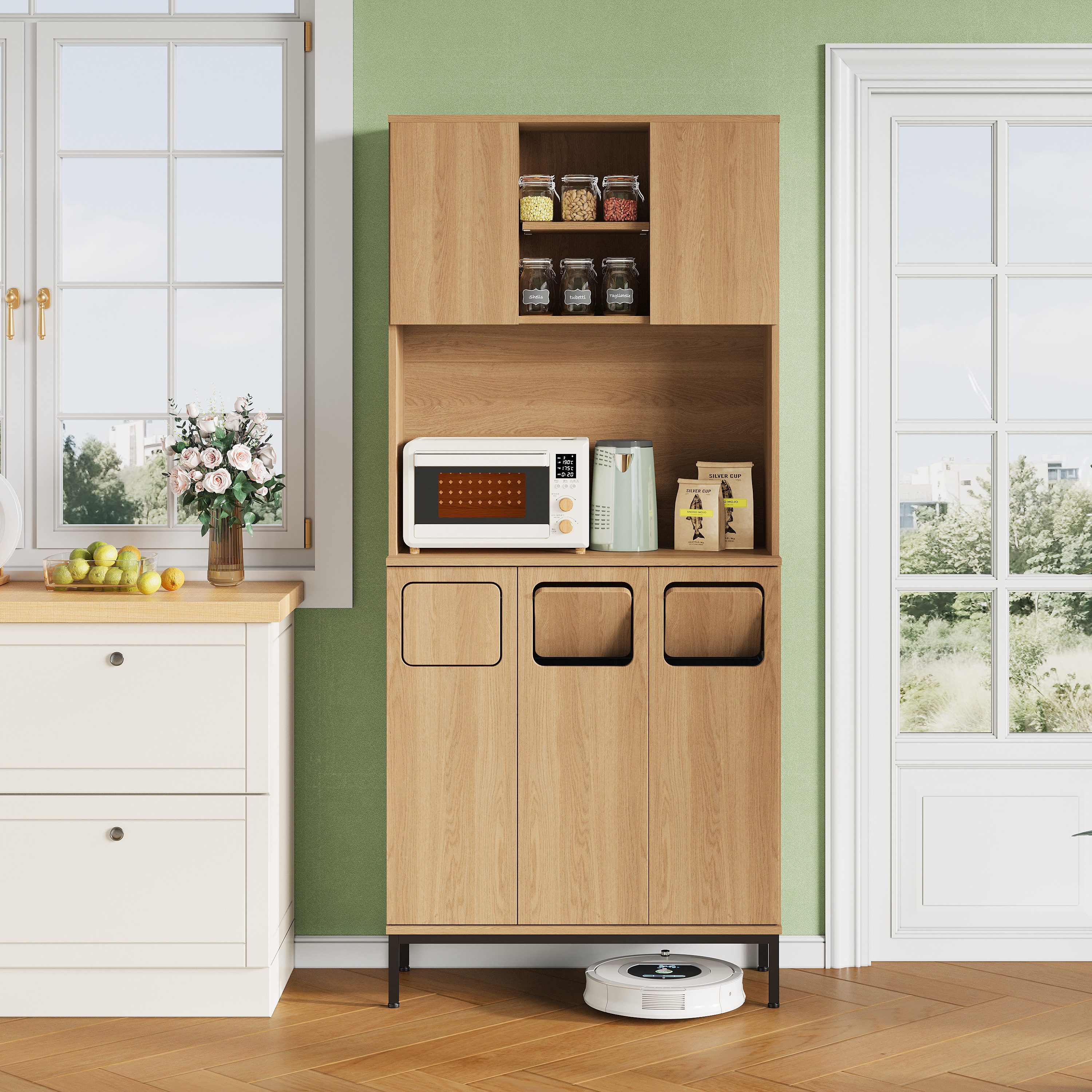 OKWISH Küchenbuffet 3 Fächer für Müllsortierung & Mikrowellenablage (Packung, 1-St., 181cm hoher Mülltrennschrank in Eiche-Optik, 80x30x181cm) Stauraum für Staubsauger, geeignet für Küche & Esszimmer