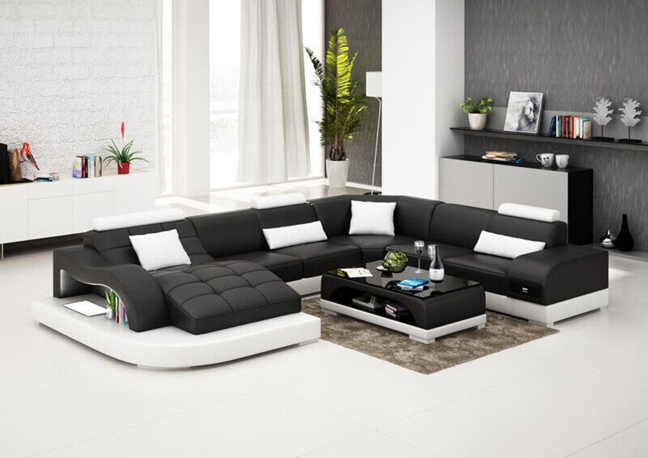 JVmoebel Ecksofa Leder Sofa mit Tisch Moderne Sitz Schwarz USB Wohnlandschaft Couch Design
