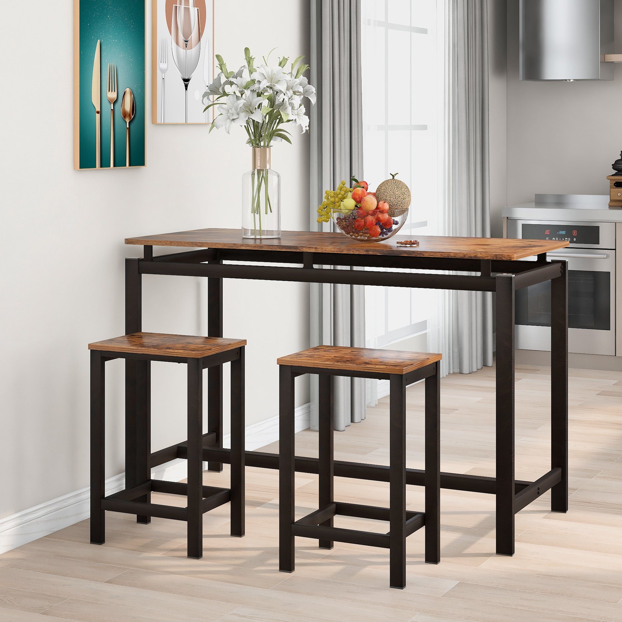 OKWISH Küchentisch Stühle Pub-Tischset Material, zu 3-teiliges Hochwertiges montieren Anti-Kratzer Design Chic Holz Stehtisch Restaurant), und Einfach dunklem Stehtisch und aus 3-St., (Anti-Rutsch- Barhocker