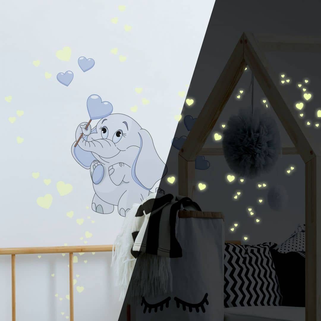 Wall Leuchtsticker 45x60cm Kinderzimmer Baby Wandtattoo selbstklebend, Elefant Blau Leuchtbild K&L Art