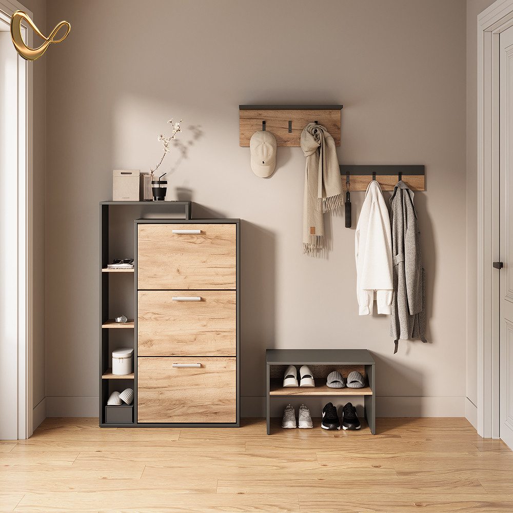 Livinity® Schuhkipper Ortello, Goldkraft Eiche/Anthrazit/Anthrazit, 80 x 12 günstig online kaufen