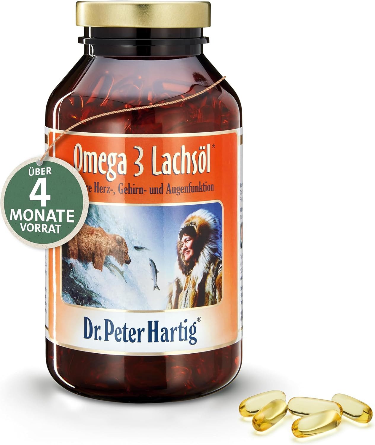 Dr. Peter Hartig Omega 3 Lachsöl, für Herz, Augen, Gehirn, Fettsäuren, EPA, DHA, Kapseln, 250 Kapseln, 4-Monats-Vorrat, à 340 g