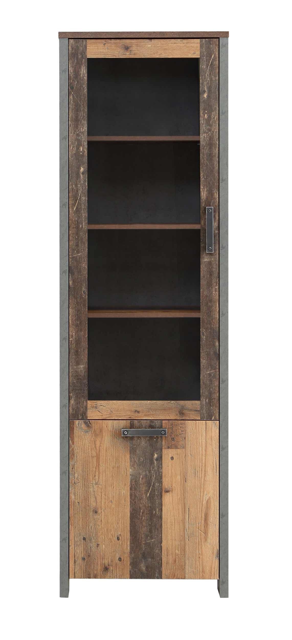 FORTE Wohnwand Wohnkombination Wohnzimmer Set CLIF, 4-tlg. - Optik: Old Wood Vintage, (Komplett-Set, 4-St., Vitrine, TV-Board, Highboard, Wandregal)