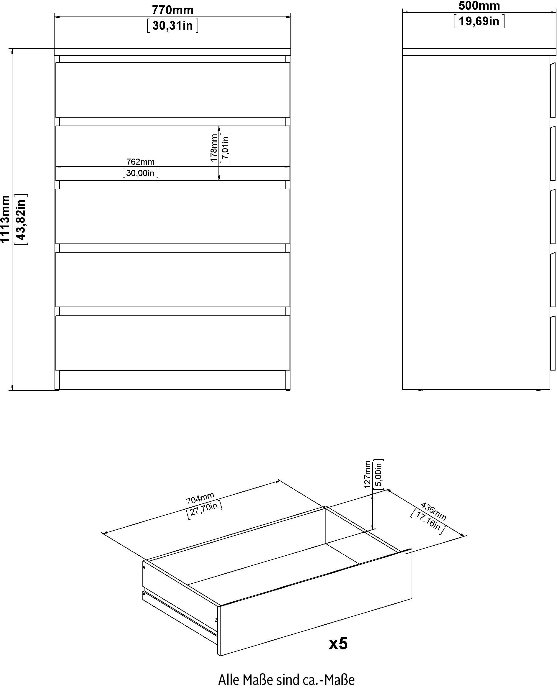INOSIGN Kommode Naia, Aufbewahrung, 5 Schubladen, Matt-Optik, grifflose Front, Modern, skandinavisches Design, in mehrere Farben, Hoch