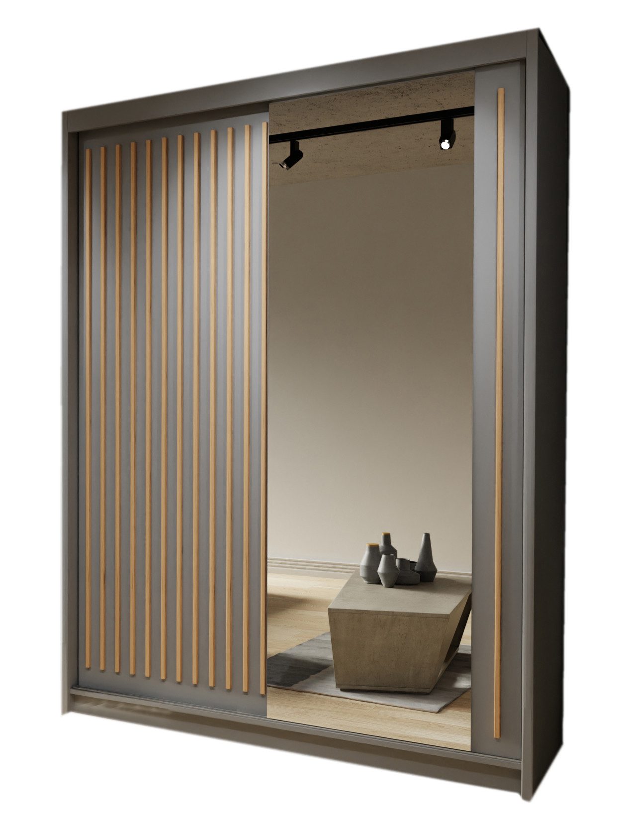 Compleo Schwebetürenschrank mit Spiegel und Lamellen ROY, Modern design