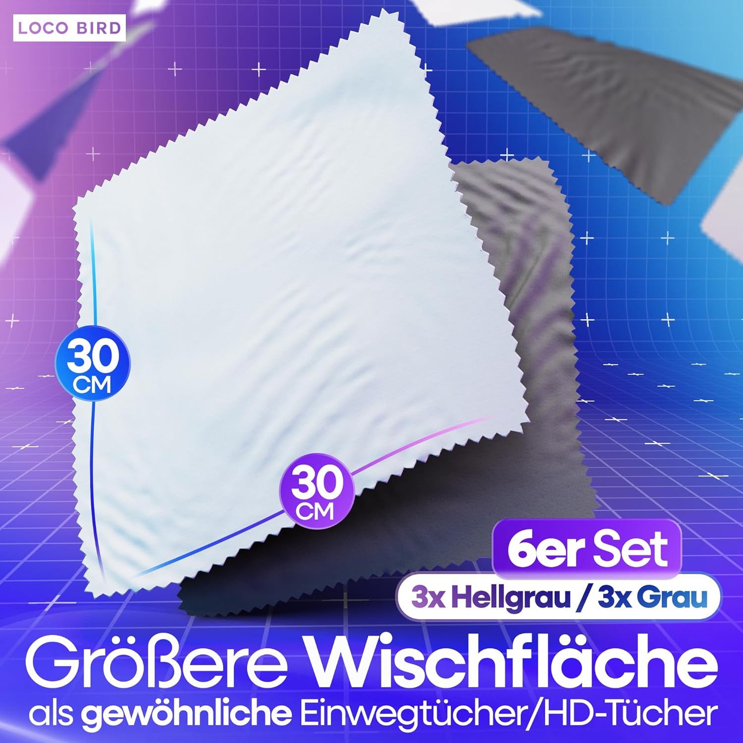 Loco Bird Brillenputztuch Microfaser in Optikerqualität - Brillenputztücher - Reinigungstücher (30x30 cm, - 6er Set, Brillentücher in Grau, Mikrofasertuch, Mikr – Bild 2 von 5