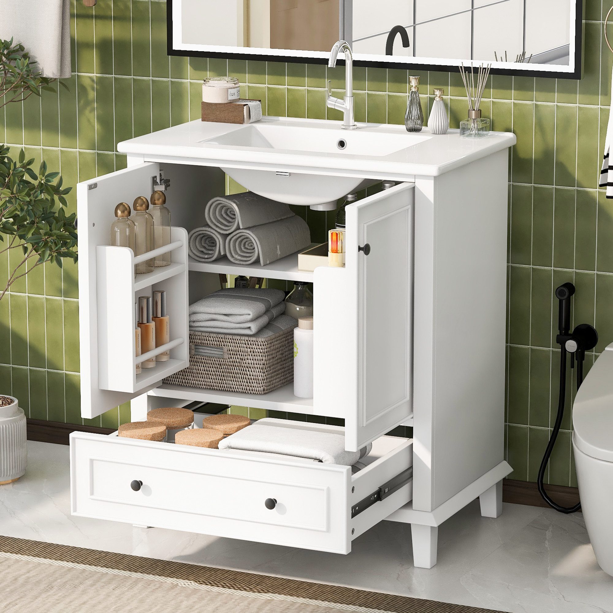 Totnz Waschtisch Badezimmerschrank, Beine aus Massivholz, MDF-Material, großer Stauraum (feuchtigkeits- und wasserdicht, integriertes Keramikwaschbecken), leicht zu reinigen,  Weiß