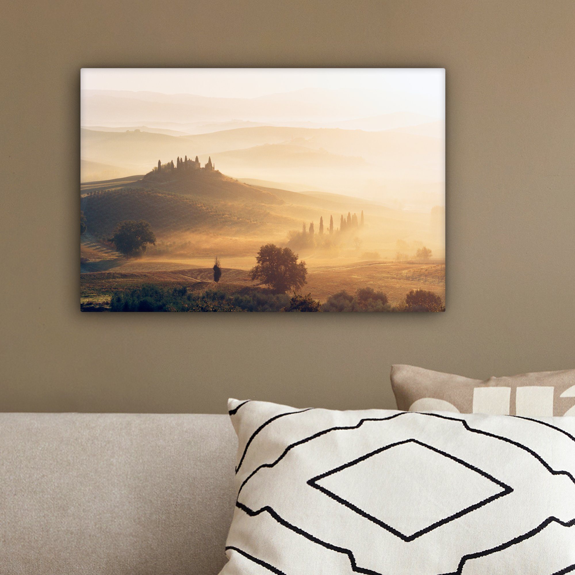Sonne, 30x20 (1 OneMillionCanvasses® St), - Wandbild cm Nebel Toskana Aufhängefertig, - Wanddeko, Leinwandbilder, Leinwandbild