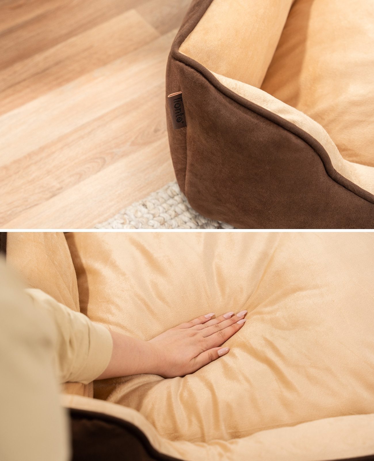 lionto Tierkissen 2-in-1, weich gepolstert & pflegeleicht, 60x50 cm, braun/beige, Wildlederimitat, Wendekörbchen mit tiefem Einstieg