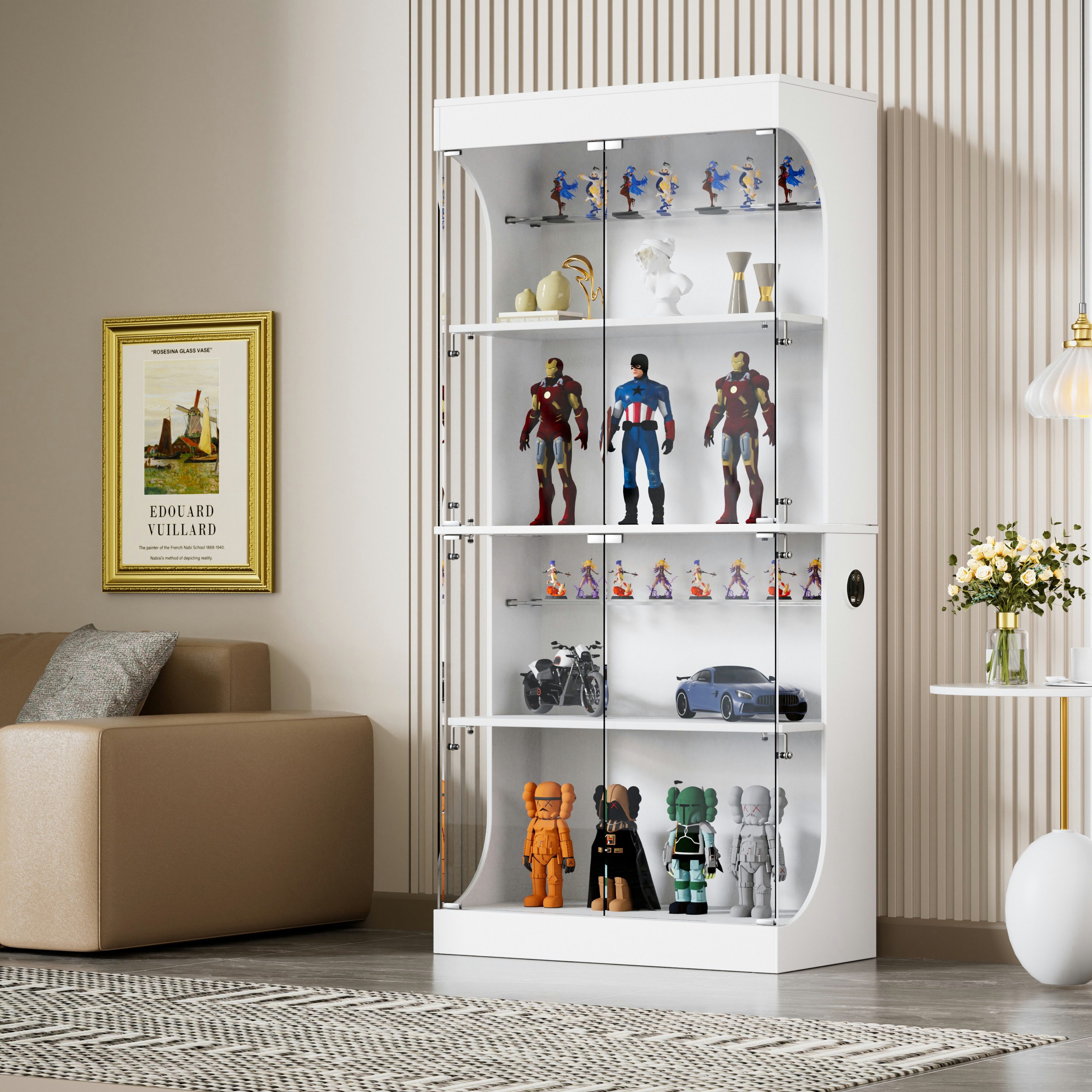 STILVORA Hochschrank Glasvitrine mit Stauraum Highboard LED-Beleuchtung, weiß (Glasvitrine mit LED, Sensor, USB-C, 80×35×165cm, Glastüren, Ladestation, 3 Lichtfarben, 2 Einlegeböden) Für Wohnzimmer, Schlafzimmer, Arbeitszimmer, Ausstellungsraum