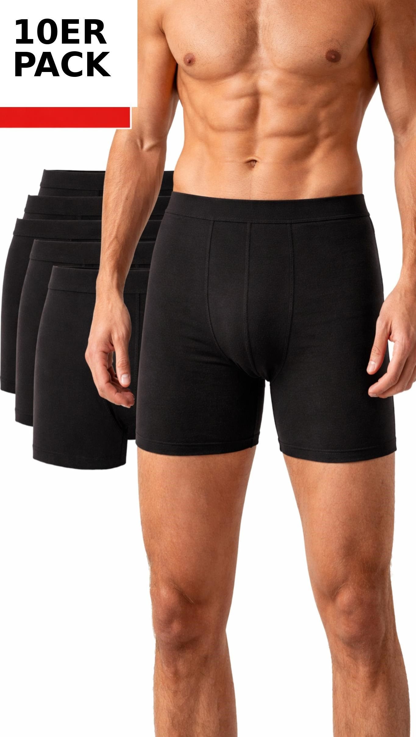 Boxershorts Herren Baumwolle langes Bein Schwarz 10er Pack