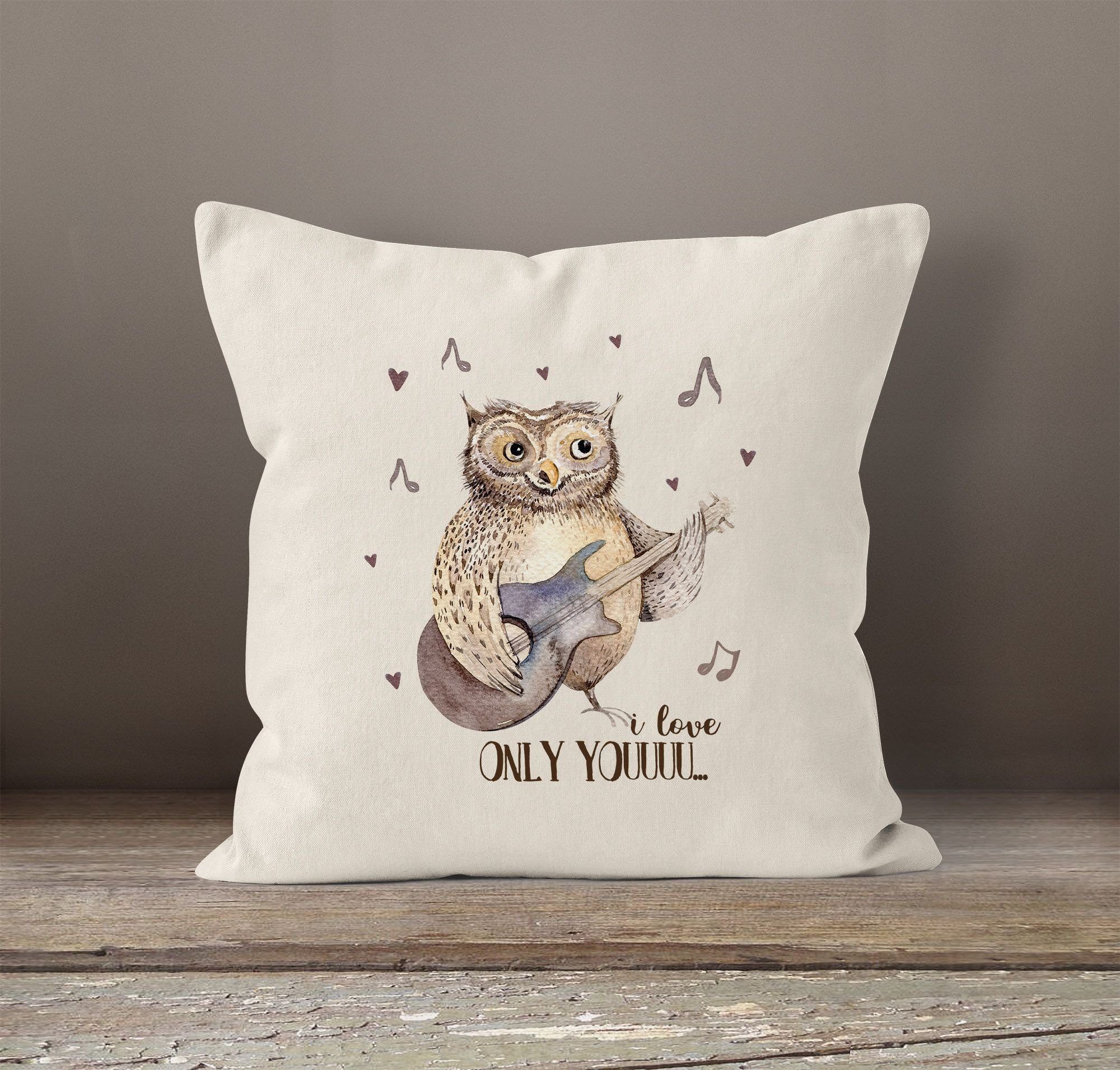 Deko-Kissen Kissen-Hülle 40x40 I Liebe MoonWorks® Eule you natur Ich Watercolor Baumwolle singende Love Owl Kissenbezug liebe Only dich you love MoonWorks Dekokissen