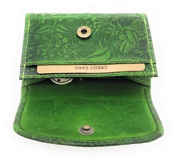 Hill Burry Mini Geldbörse echt Leder Damen Portemonnaie mit RFID Schutz, florale Prägung, kleiner Wickel-Geldbeutel, grün