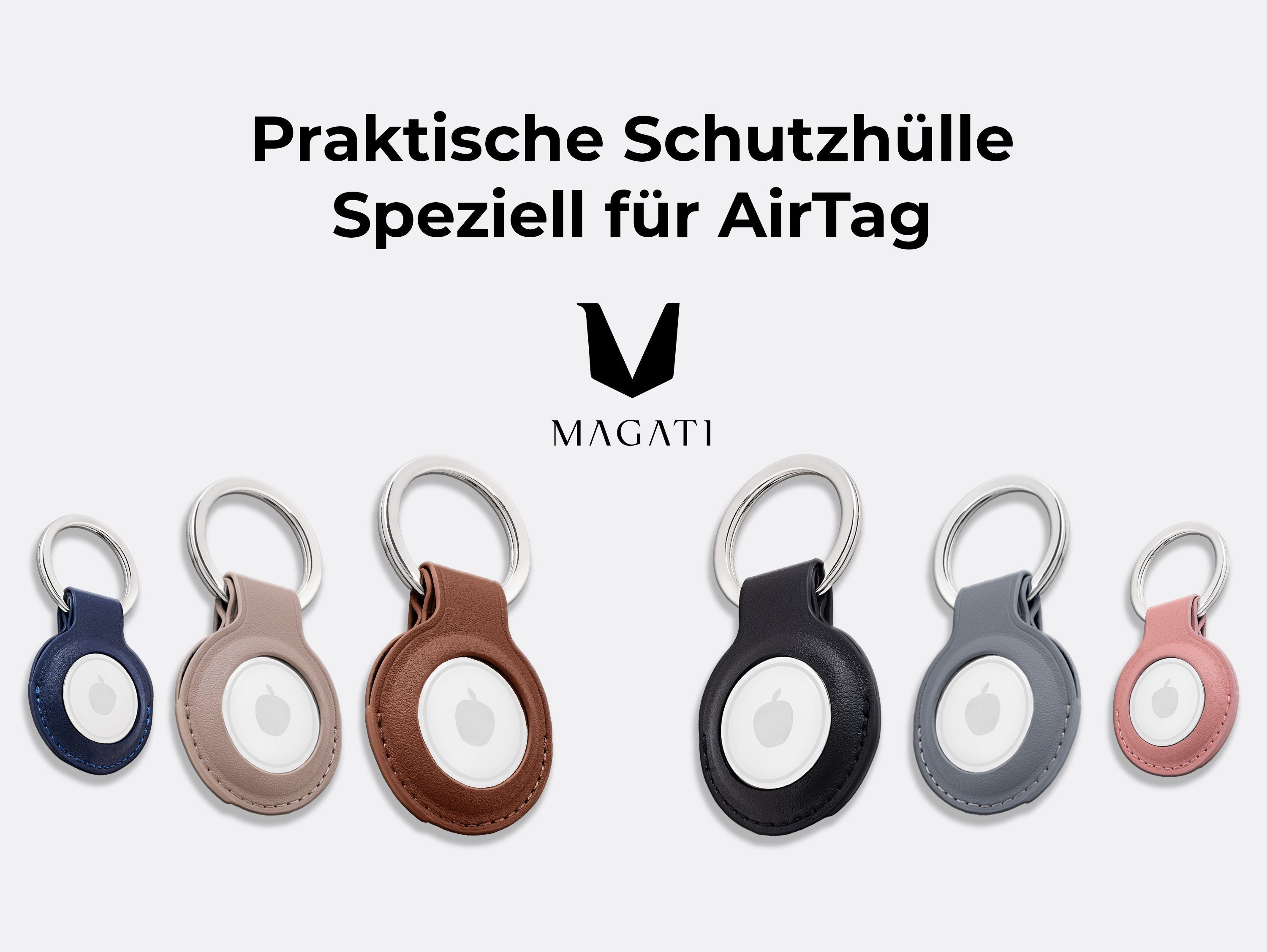 Apple Edelstahl MAGATI Schlüsselanhänger mit Schlüsselring kompatibel für Zubehör, (Set, Hülle Apple Premiumleder Grün+Taupe+Hellblau+Grau Anhänger schützendes 4-tlg., Komplett mit Anhänger AirTag), Airtag