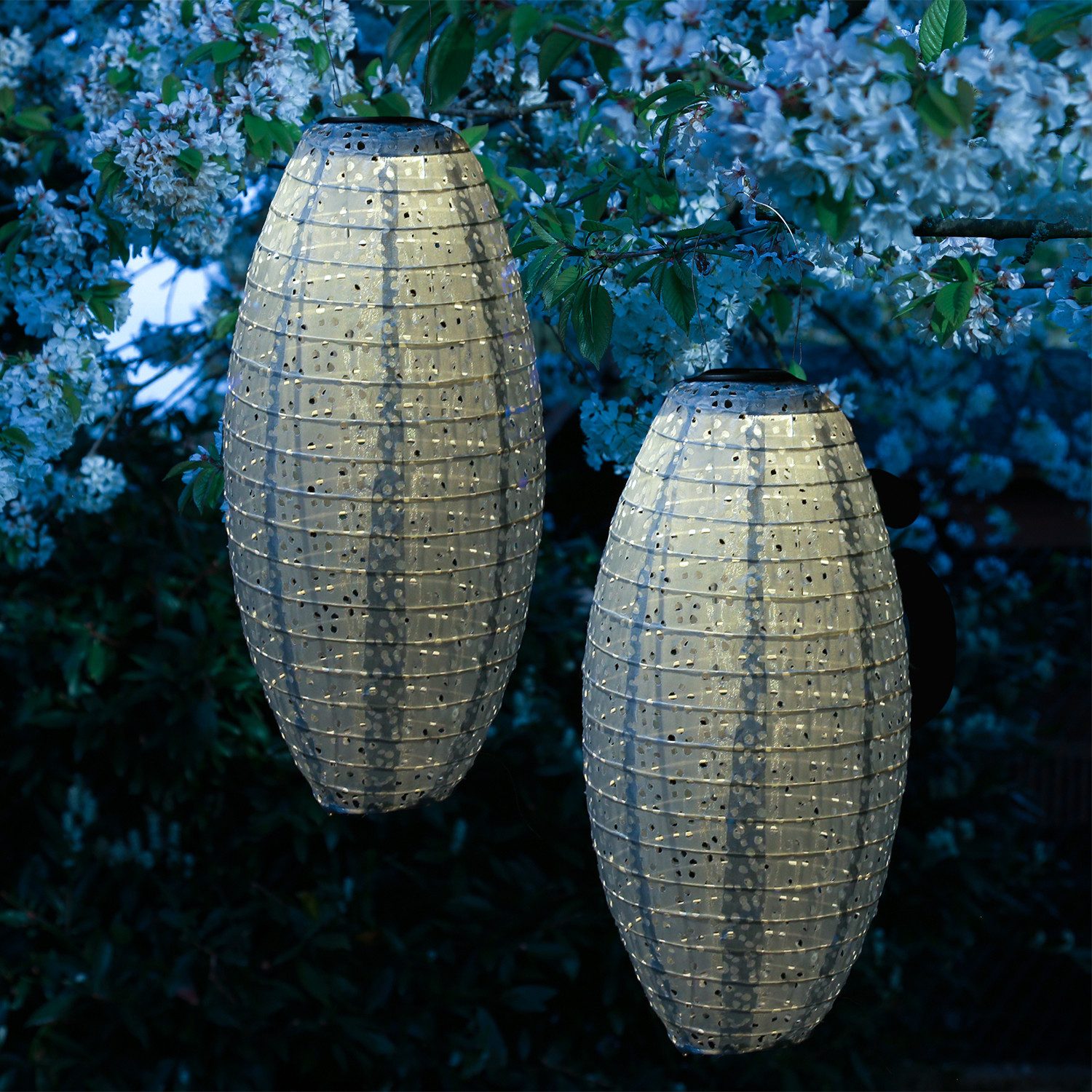 MARELIDA LED Lampion 2x Solar Gartenlampions oval Blumenmuster blau 40cm Balkon Terrasse, LED Classic, warmweiß (2100K bis 3000K)