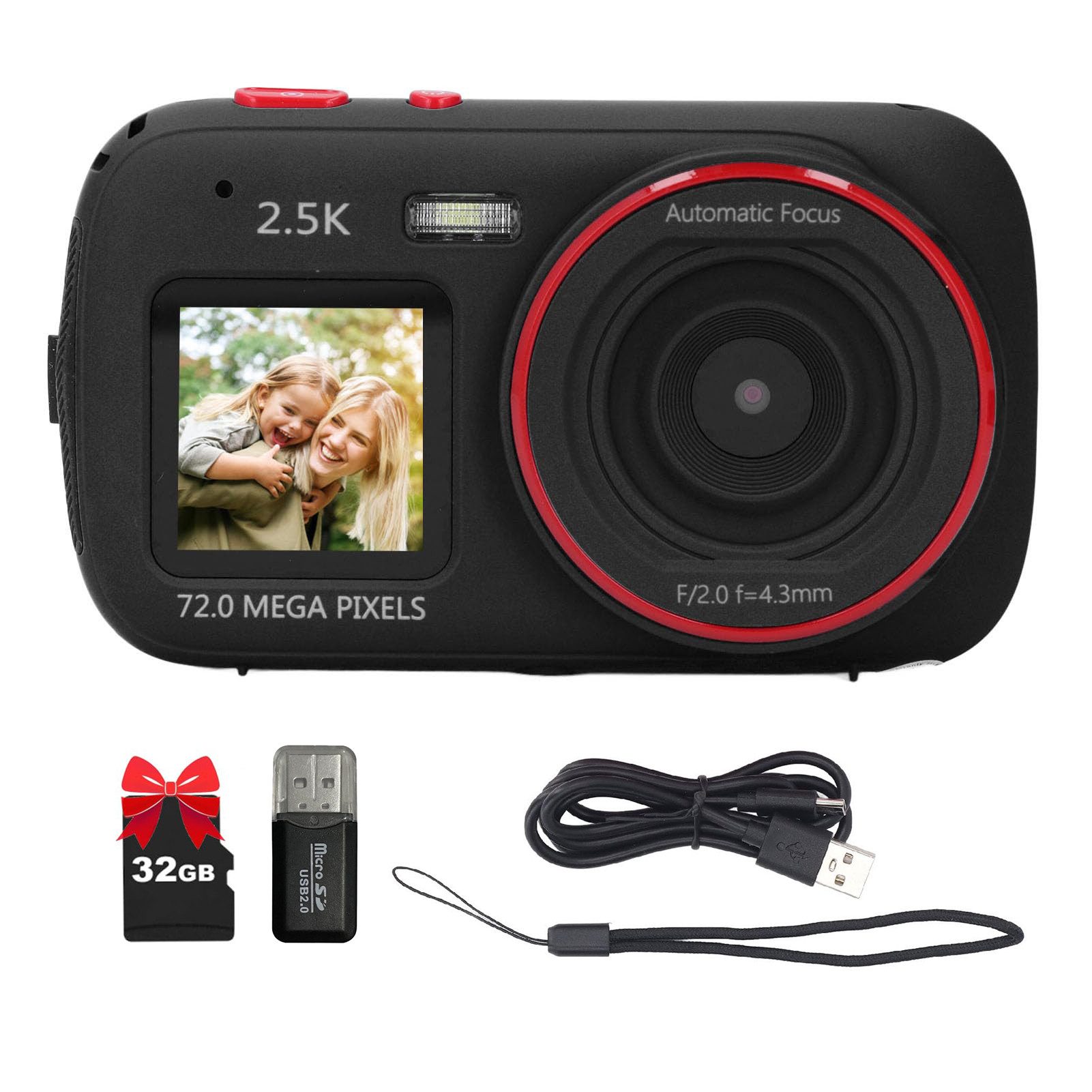 Tekoo Kinderkamera Dual Display, 72MP Digitalkamera mit 32GB SD Karte Kompaktkamera (AF-Objektiv, 72 MP, 1x opt. Zoom, inkl. Inklusive 32GB Micro-SD Speicherkarte, Kartenlesegerät, USB-Kabel, MP3-Player-Funktion, Selfie-Display auf der Vorderseite)