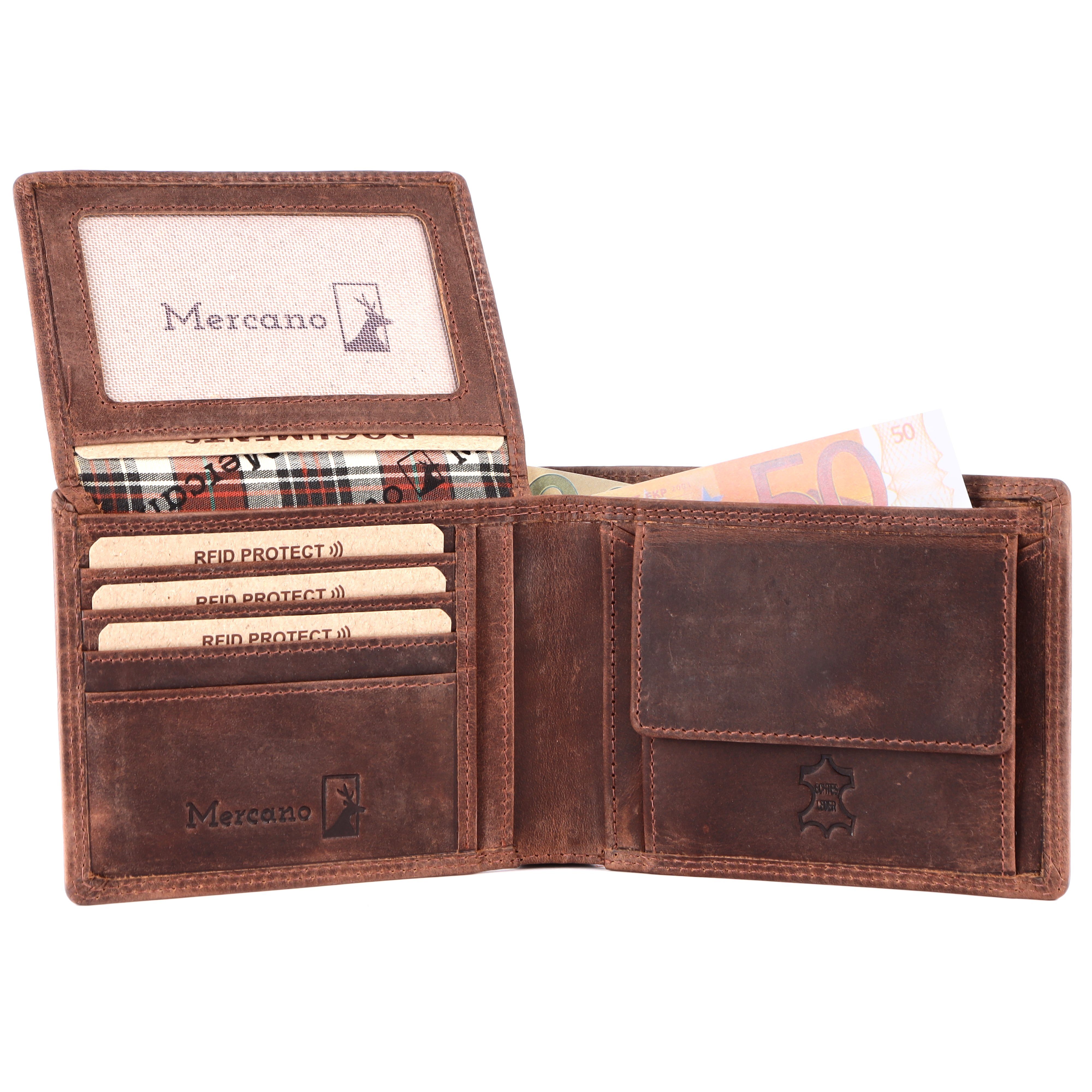 Mercano Geldbörse für Herren, aus inkl. & RFID-Schutz 100% Doppelnaht, Dunkelbraun Leder Geschenkbox Vintage mit