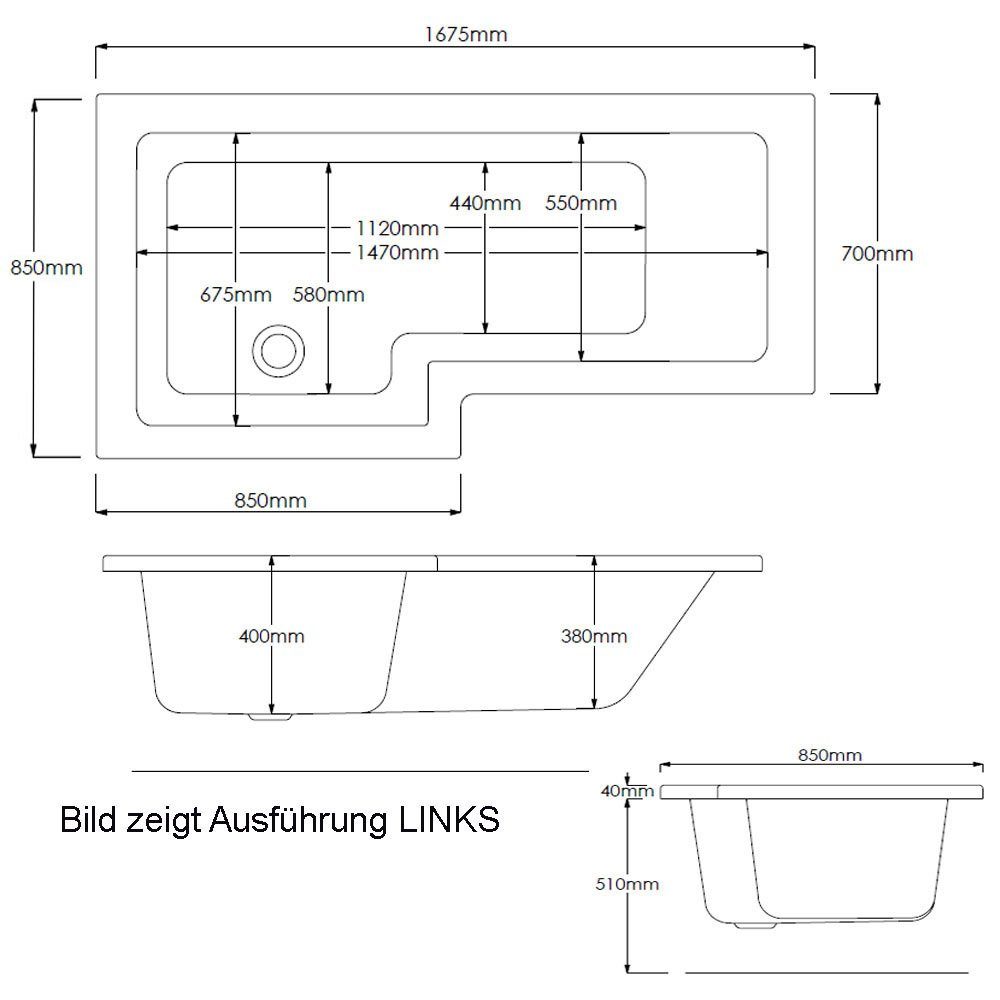 HAK Badewanne Syna Komplettset mit Duschzone, (Komplettset, 4-tlg), Raumsparbadewanne 167,5x85/70