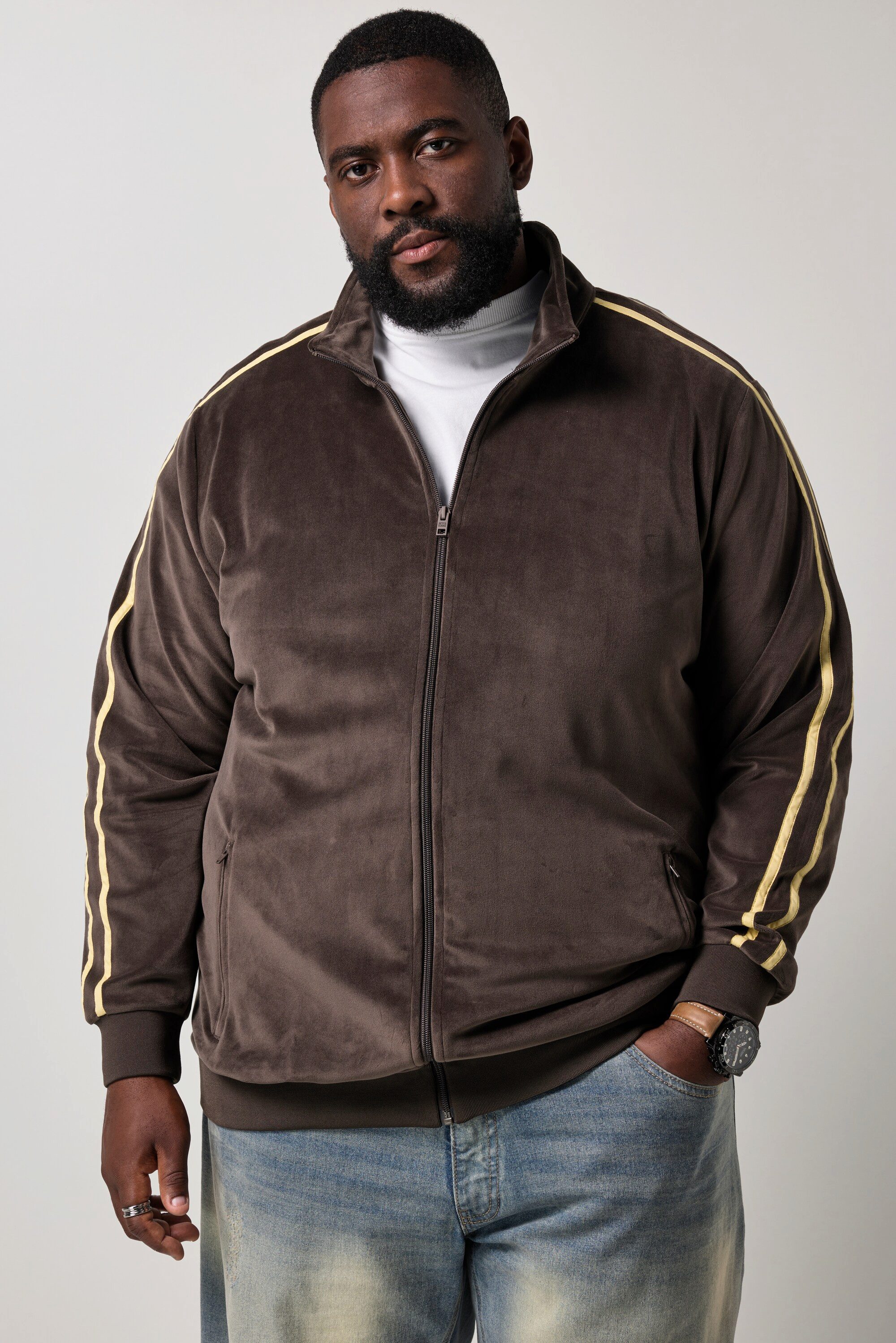 STHUGE Fleecejacke Sweatjacke Samt-Sweat Stehkragen Kontrasteinsätze