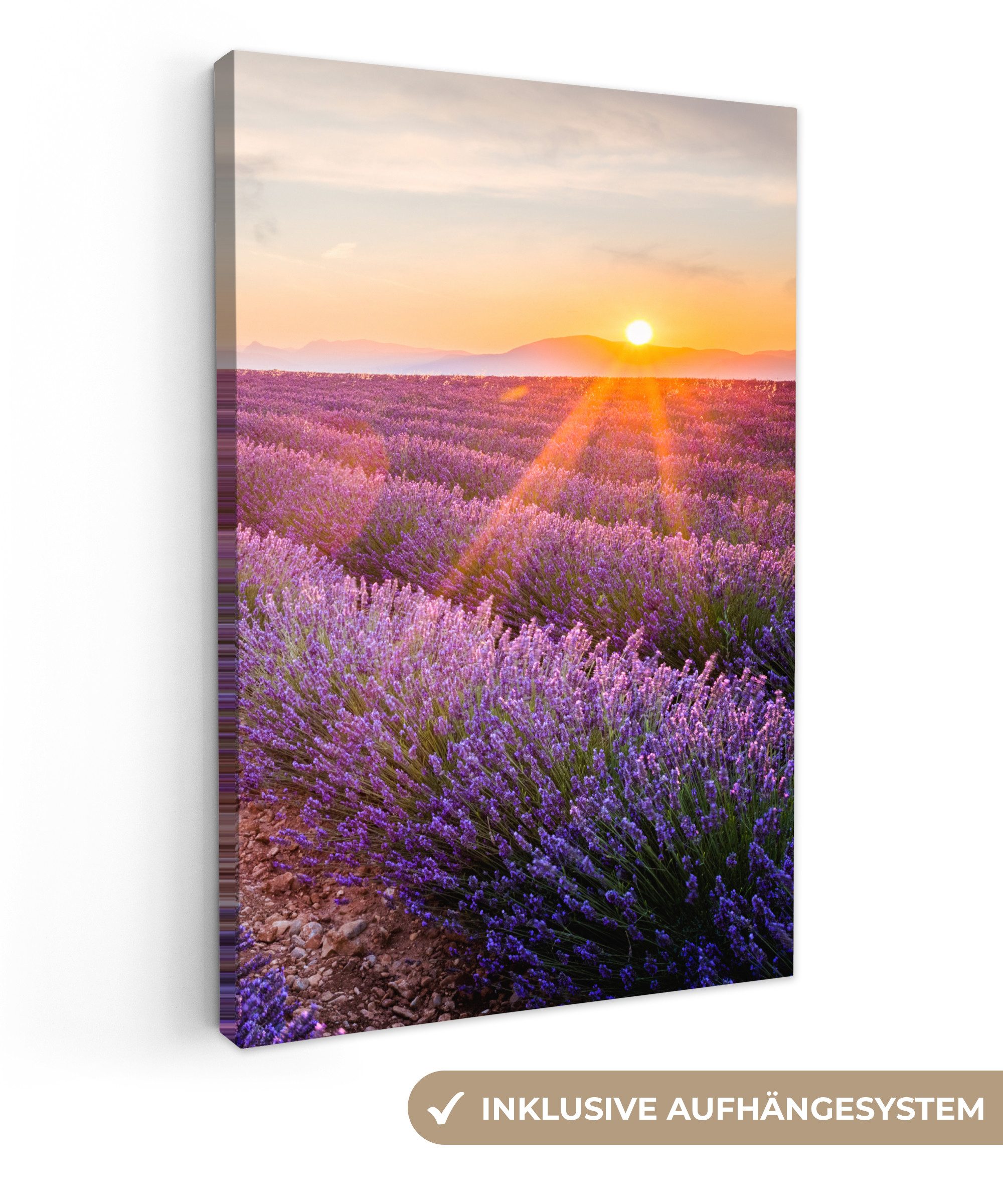 OneMillionCanvasses® Leinwandbild Lavendel - Sonnenuntergang - Blumen - Lila, Fotodruck (1 St), Leinwand Canvas Wandbild, Wanddekoration 20x30 cm