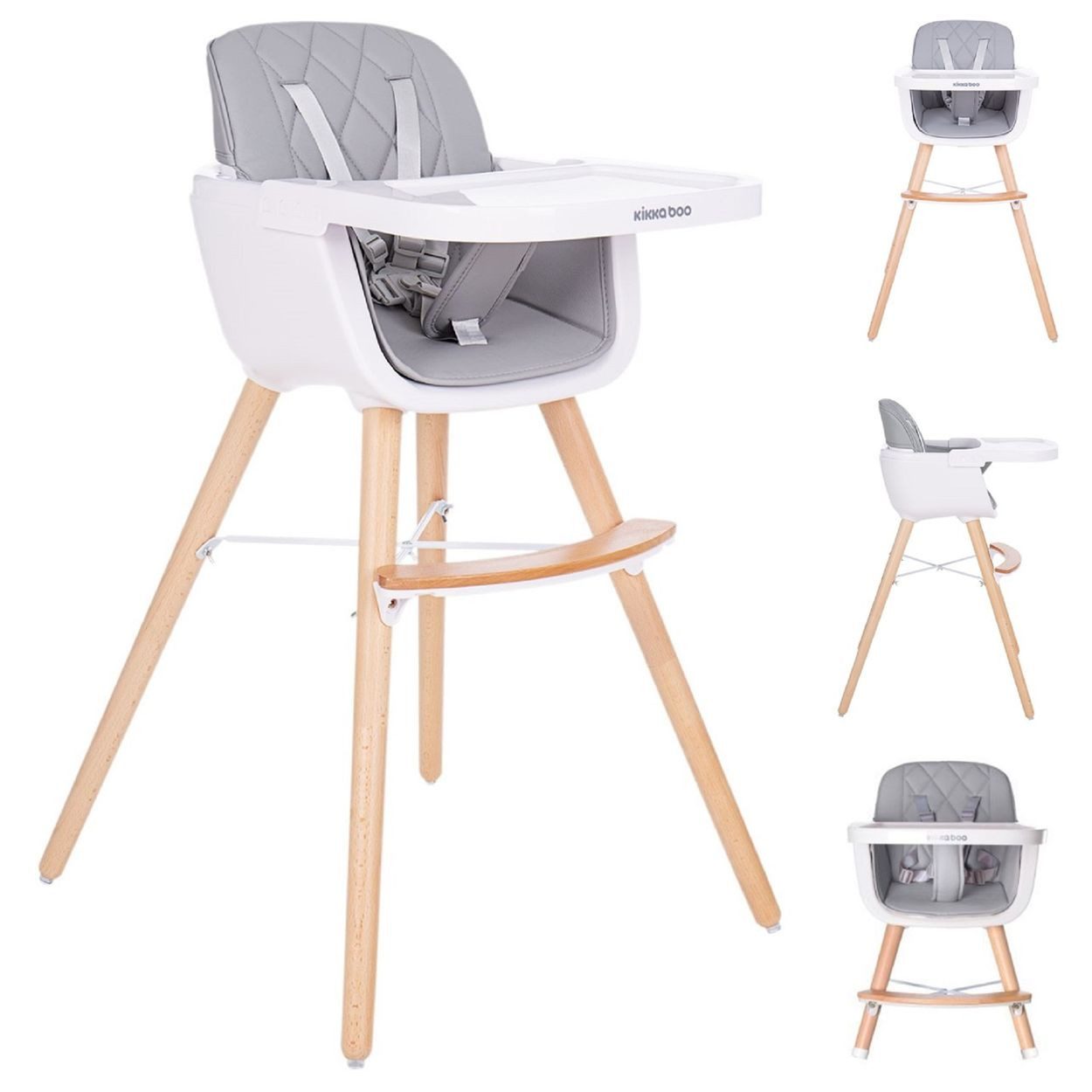 Kikkaboo Kombihochstuhl Woody 2 in 1, verstellbarer Tisch, Sicherheitsgurt, Holzbeine, Fußstütze, 2-in-1