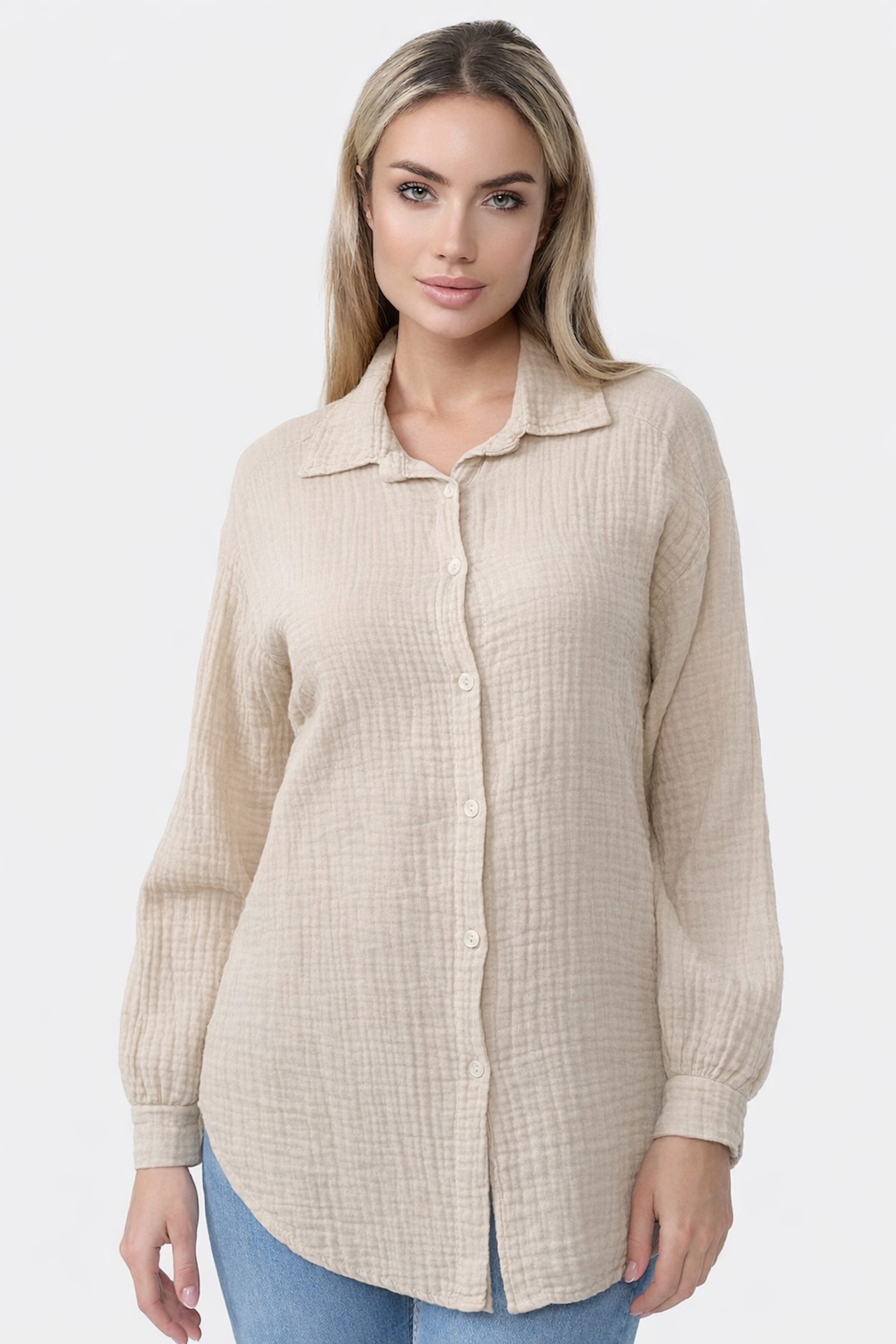 Hemdbluse Worldclassca Musselin Bluse Tunika Sommer Langarm Oberteil Einfarbig