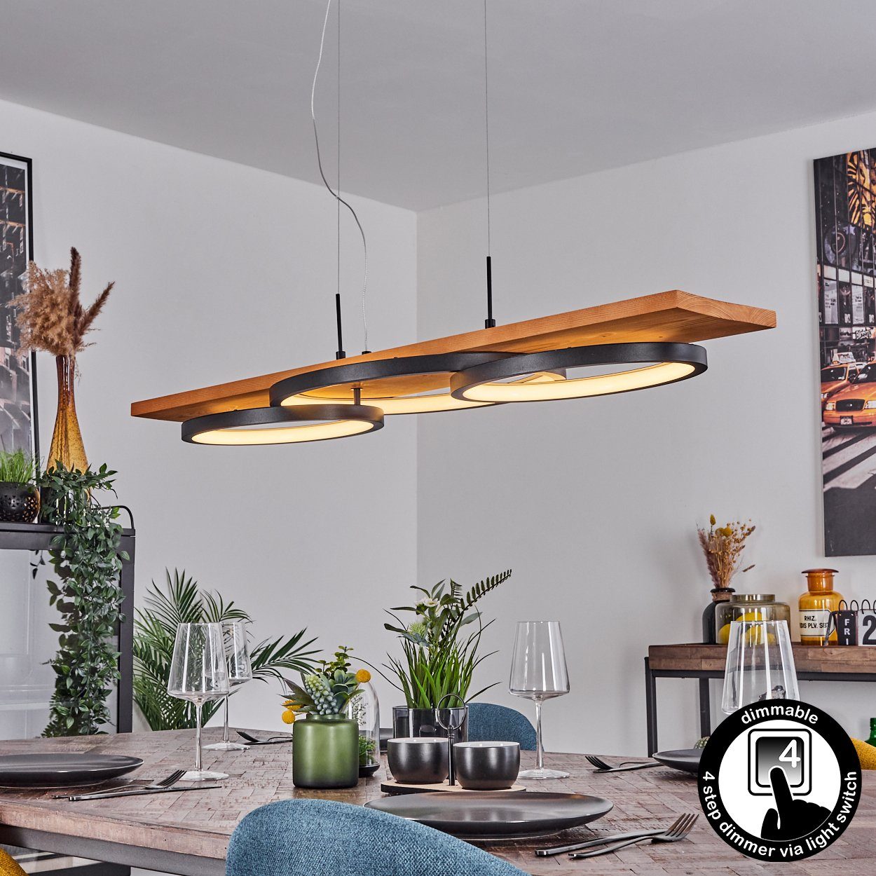 hofstein Pendelleuchte »Palermo« Hängelampe 3000 Metall/Holz/Kunststoff Kelvin, über 151cm, Watt 1xLED aus dimmbar Lichtschalter, 40 Natur/Schwarz, max. 4700 Lumen, in Höhe