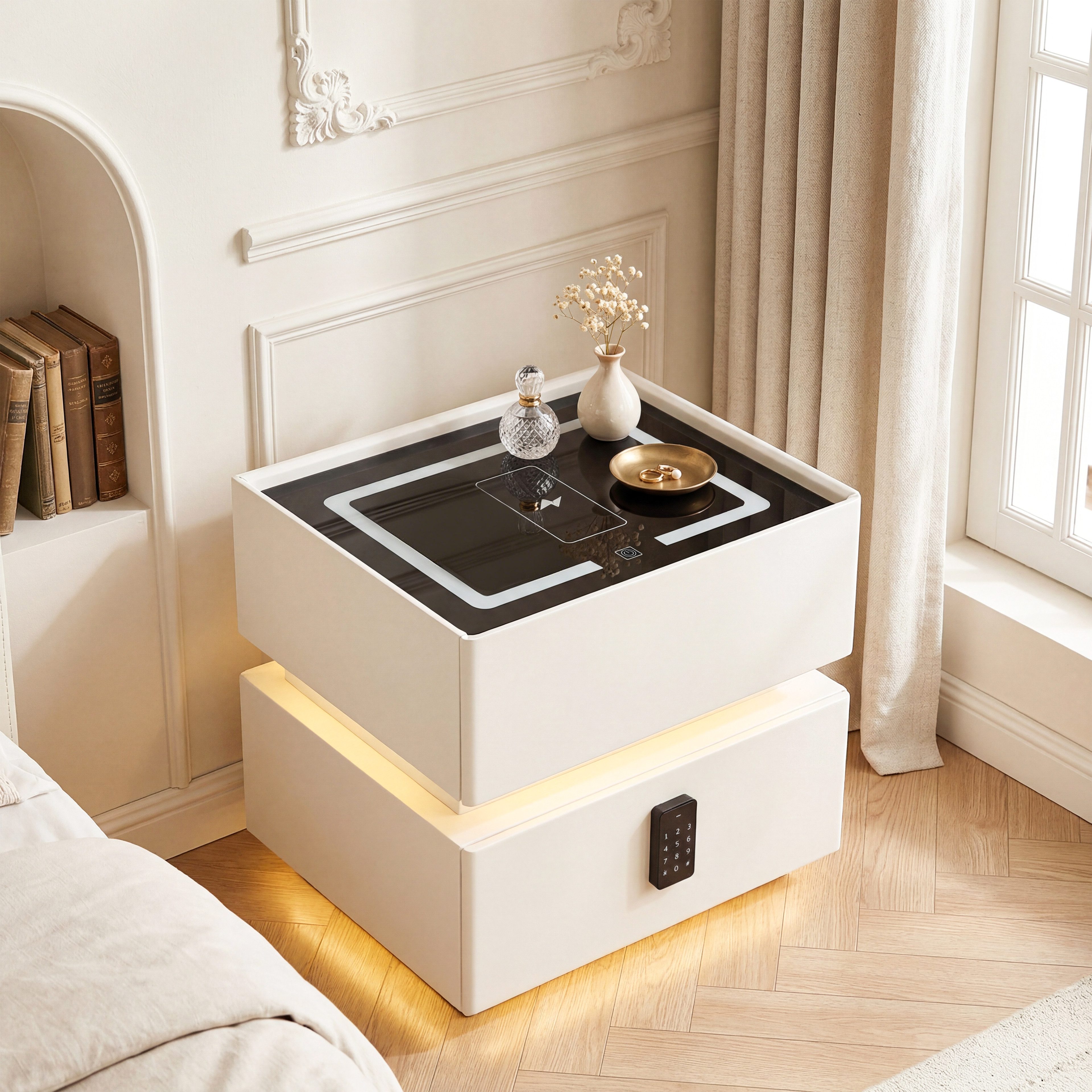 oyajia Nachttisch Beistelltisch mit LED-Beleuchtung und 15W Kabelloses Laden (Nachttisch mit 2USB + Type-C, Beistelltisch, 2 Schubladen, modern), für modernes Schlafzimmerdesign
