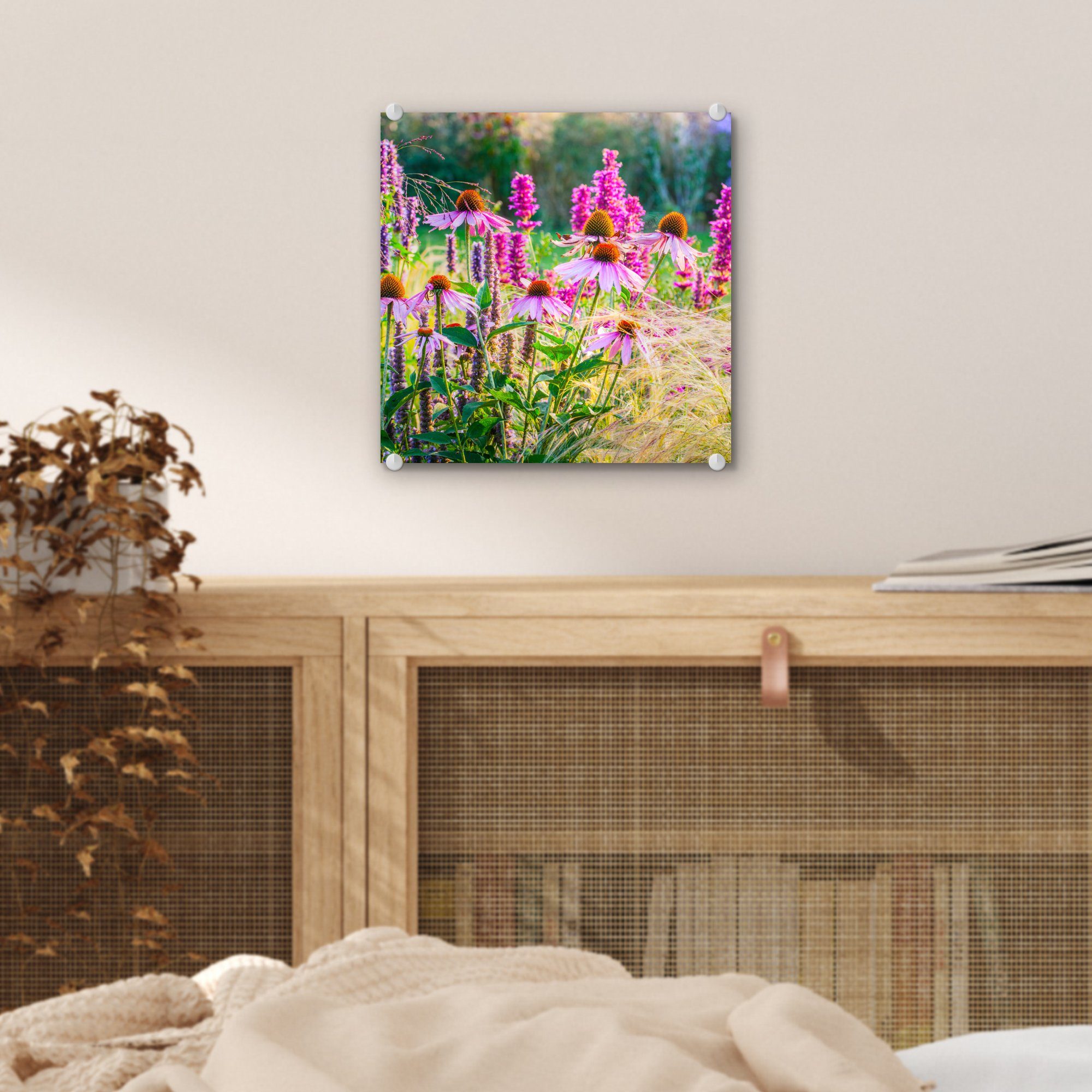 MuchoWow Acrylglasbild Ziergras mit auf Wandbild auf Foto - Wanddekoration - (1 Glas Glasbilder Blüten, Bilder rosa Glas St), 