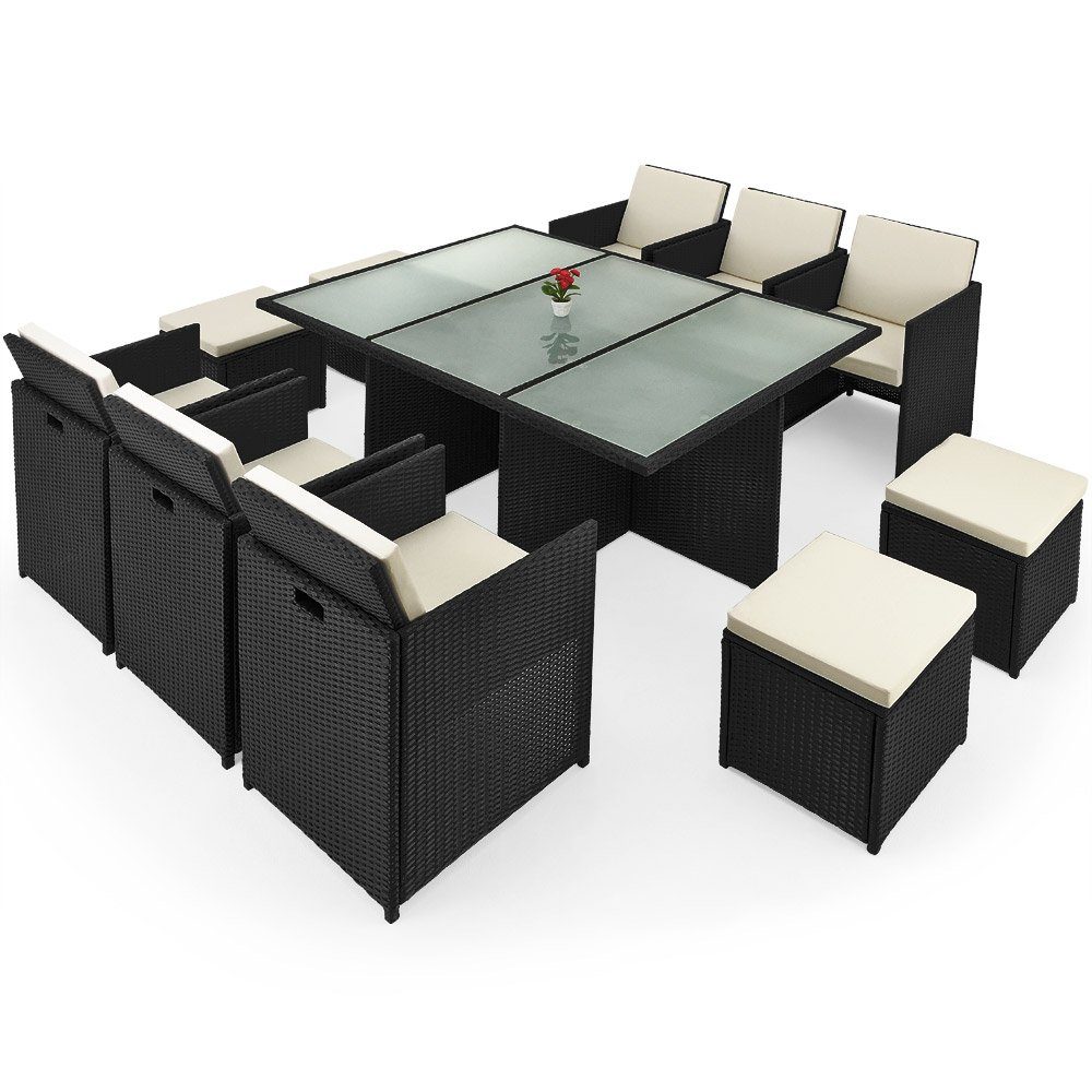 Casaria Sitzgruppe Cube, Polyrattan Set Tisch Auflagen 7cm Stühle Cube Hocker 4 6 180x120cm