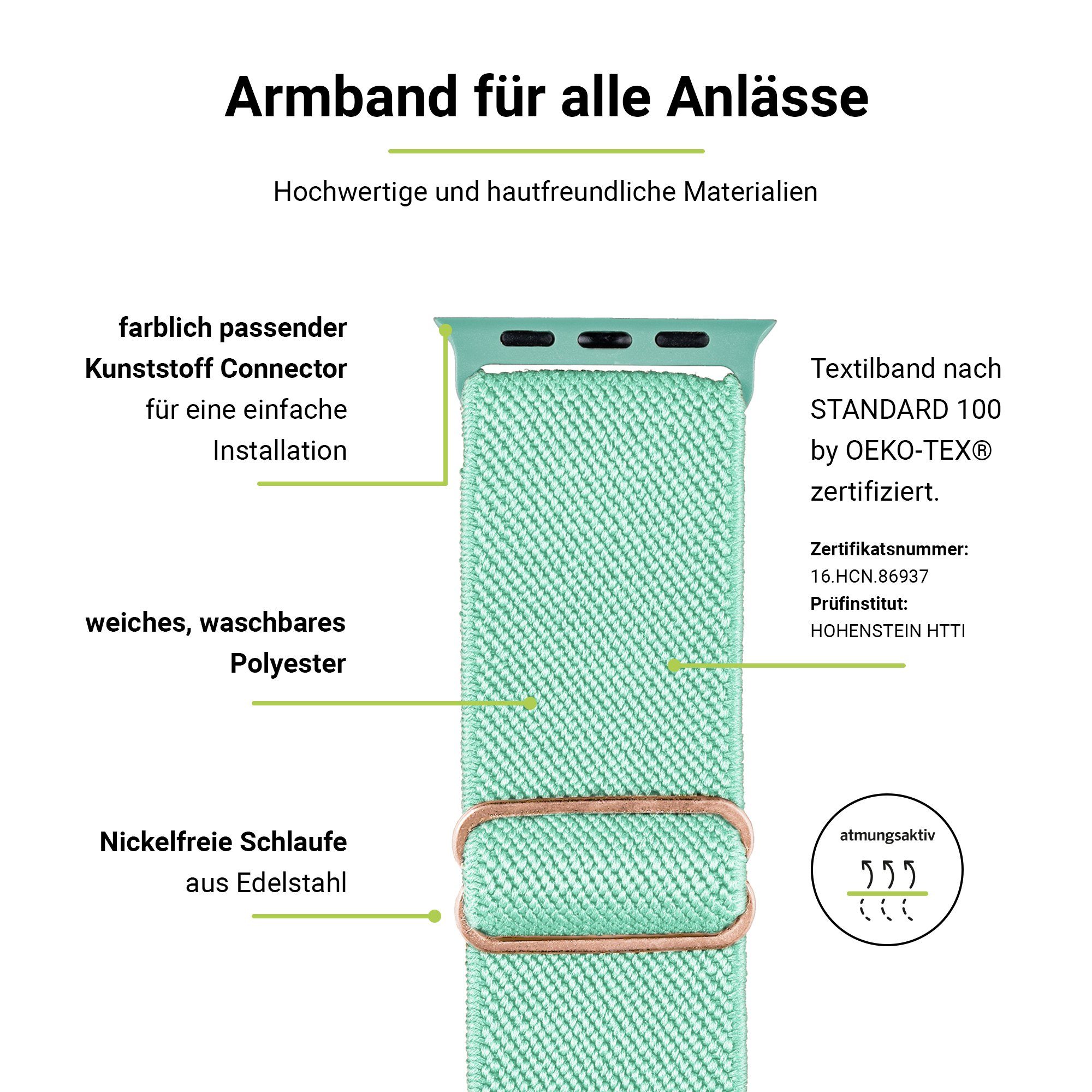 Artwizz Smartwatch-Armband WatchBand Flex, Textil (40mm), Adapter, Uhrenarmband mit Grün & 3-1 Watch Series SE 9-7 (38mm) (41mm), Türkis, 6-4 Apple