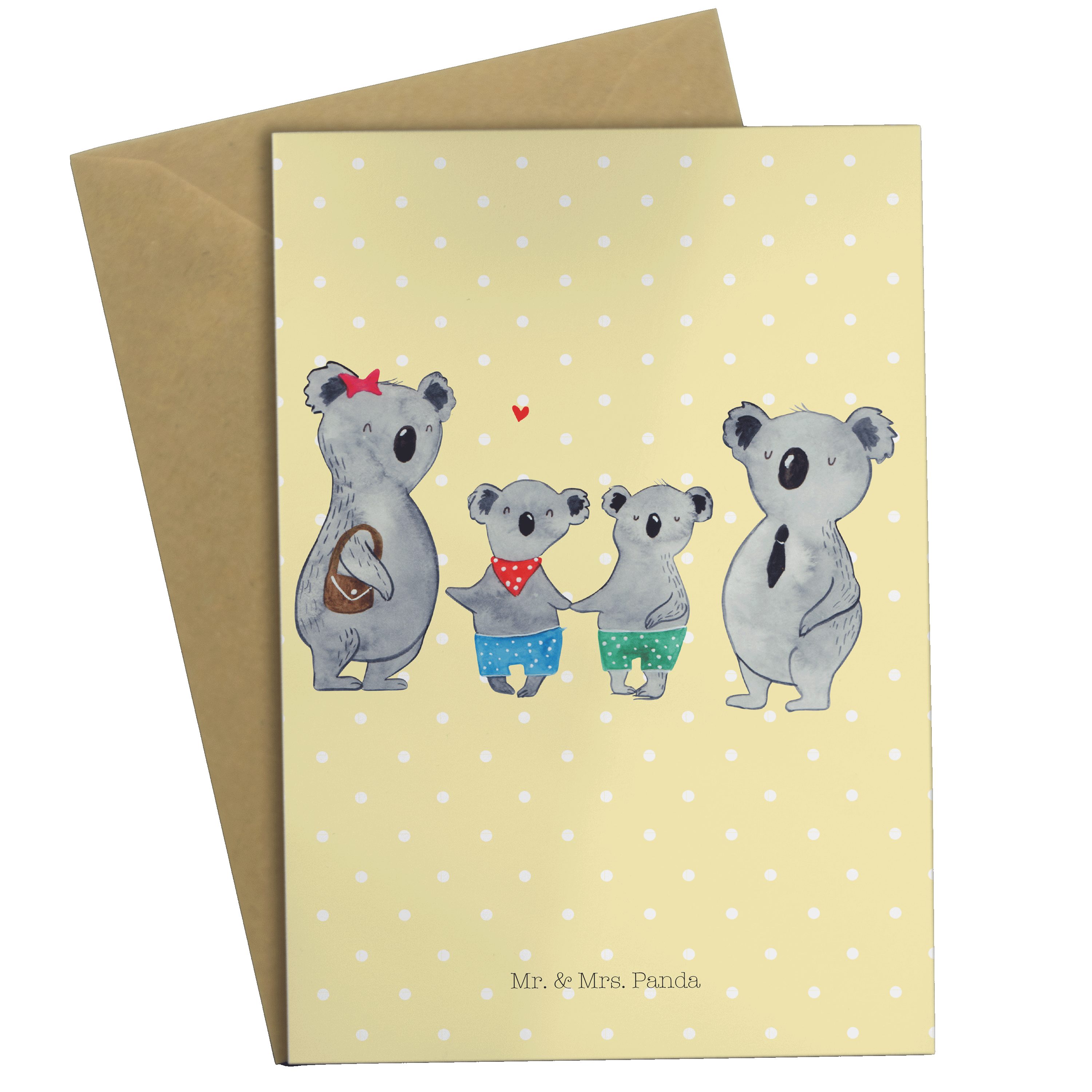 Mr. & Mrs. Panda Grußkarte Koala Familie zwei - Gelb Pastell - Geschenk, Hochzeitskarte, Koalabä
