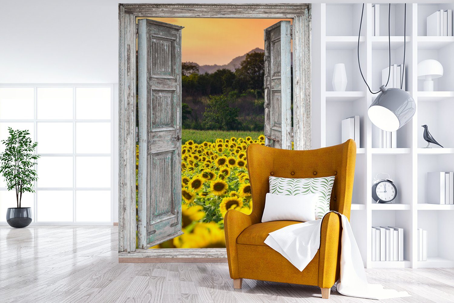 St), Fototapete Abend - Sonnenblume - Tapete MuchoWow für Wohnzimmer, bedruckt, Blumen Wandtapete Montagefertig Vinyl - (4 Matt, Ansicht,
