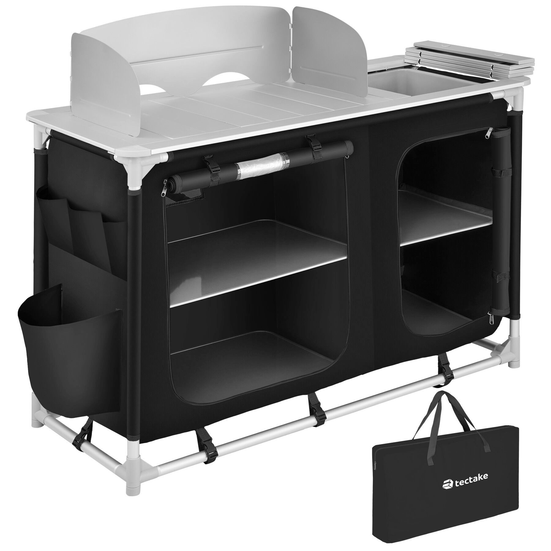 tectake Campingtisch Camping-Klapptisch, Maße: 116 x 52 x 107 cm, wetterbeständig (Outdoor-Tisch, 1-St., in schwarz), Faltbar, mit viel Stauraum, Windschutz und Spülbecken, mit Tragetasche